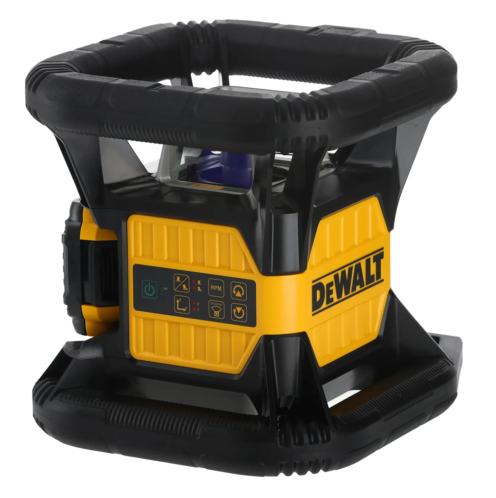 Nivel láser rotativo DEWALT amarillo y negro con panel de control, diseño robusto, usado en construcción.
