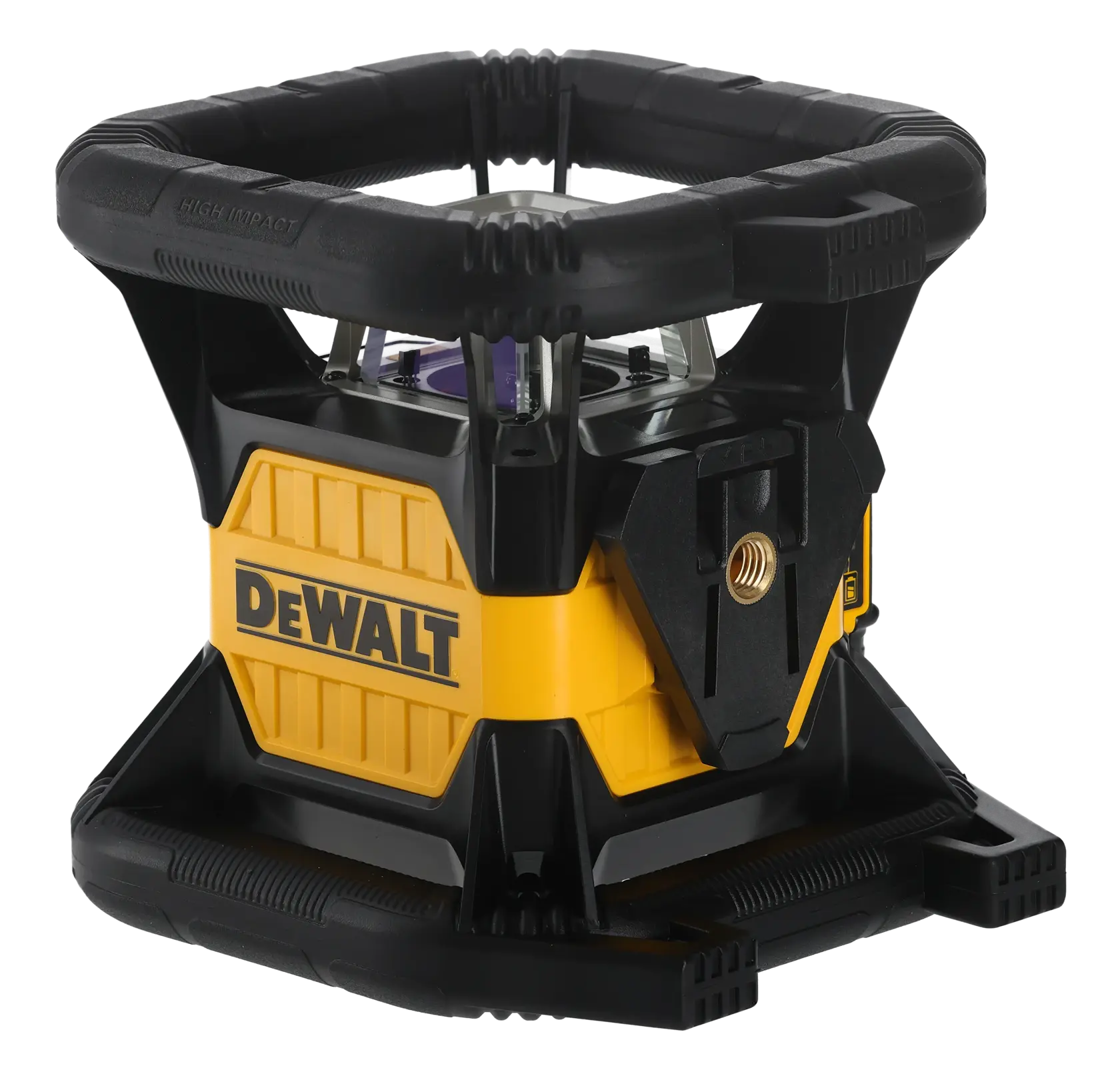 Herramienta fotográfica DEWALT DCE079D1G, diseño robusto amarillo y negro, soporte de trípode visible.