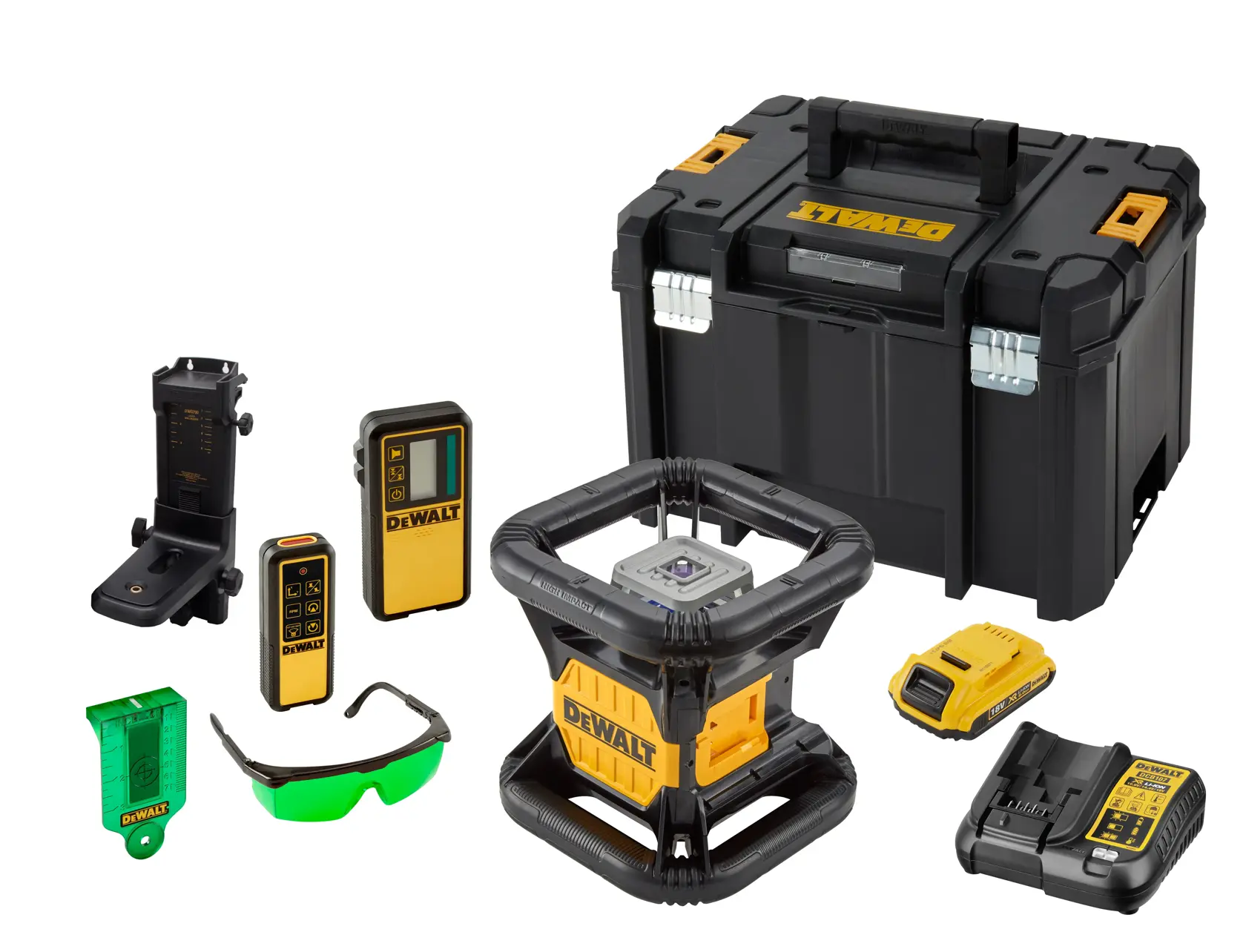 Kit de nivel láser DEWALT DCE079D1G con accesorios, que incluye un dispositivo láser negro y amarillo, un maletín de transporte negro, gafas de seguridad con lentes verdes, un soporte de pared, dos controles remotos, una placa de objetivo, una batería y un cargador, todo dispuesto sobre un fondo blanco.