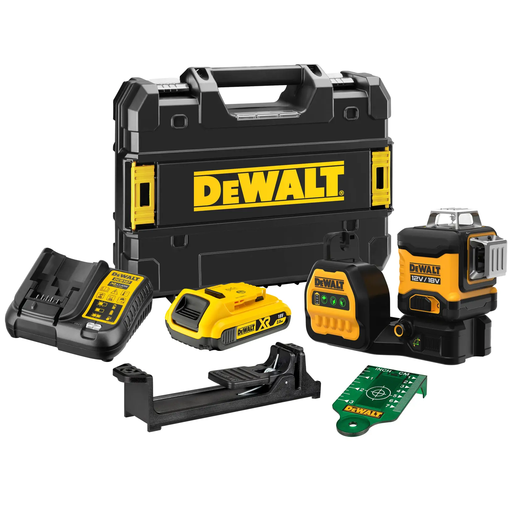 Ein DEWALT Laser-Nivelliergerät-Set mit einem schwarzen und gelben Transportkoffer, einem Batterieladegerät, einer wiederaufladbaren Batterie, einer Montagehalterung, einem grünen Laser-Nivelliergerät und einer grünen Zielplatte.