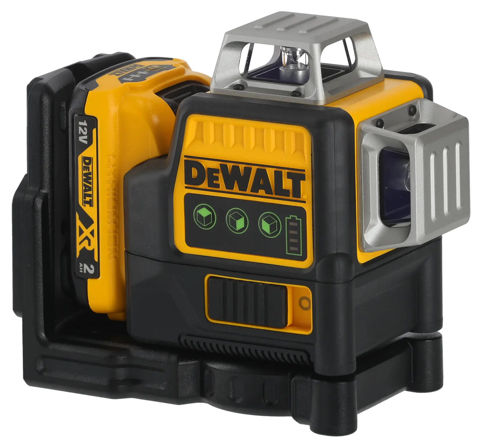 Nivel láser de línea verde DEWALT DCE089D1G 12V con batería, ideal para alineación y medición precisa.