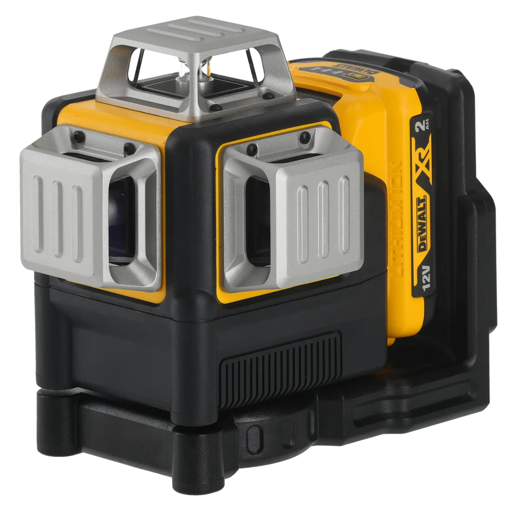 Nivel láser verde DEWALT DCE089D1G 12V con tres ventanas, carcasa robusta amarillo-negra, batería recargable.