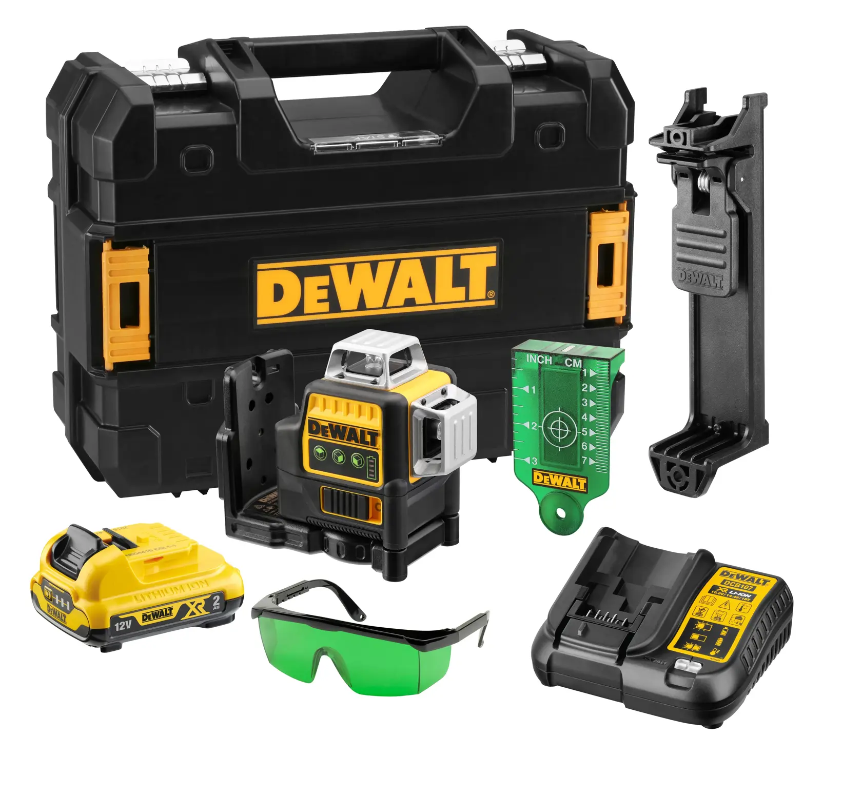 Kit de láser de líneas cruzadas verde DEWALT 12V, que incluye estuche de transporte, batería, dispositivo láser, cargador, soporte de montaje, placa objetivo verde y gafas de seguridad verdes.
