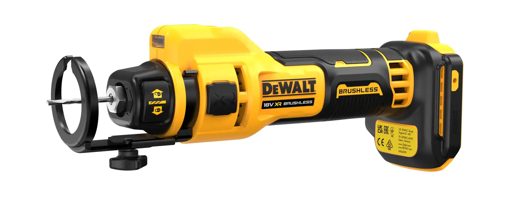 Herramienta rotativa inalámbrica DEWALT DCE555N con motor brushless y protector sobre fondo blanco.
