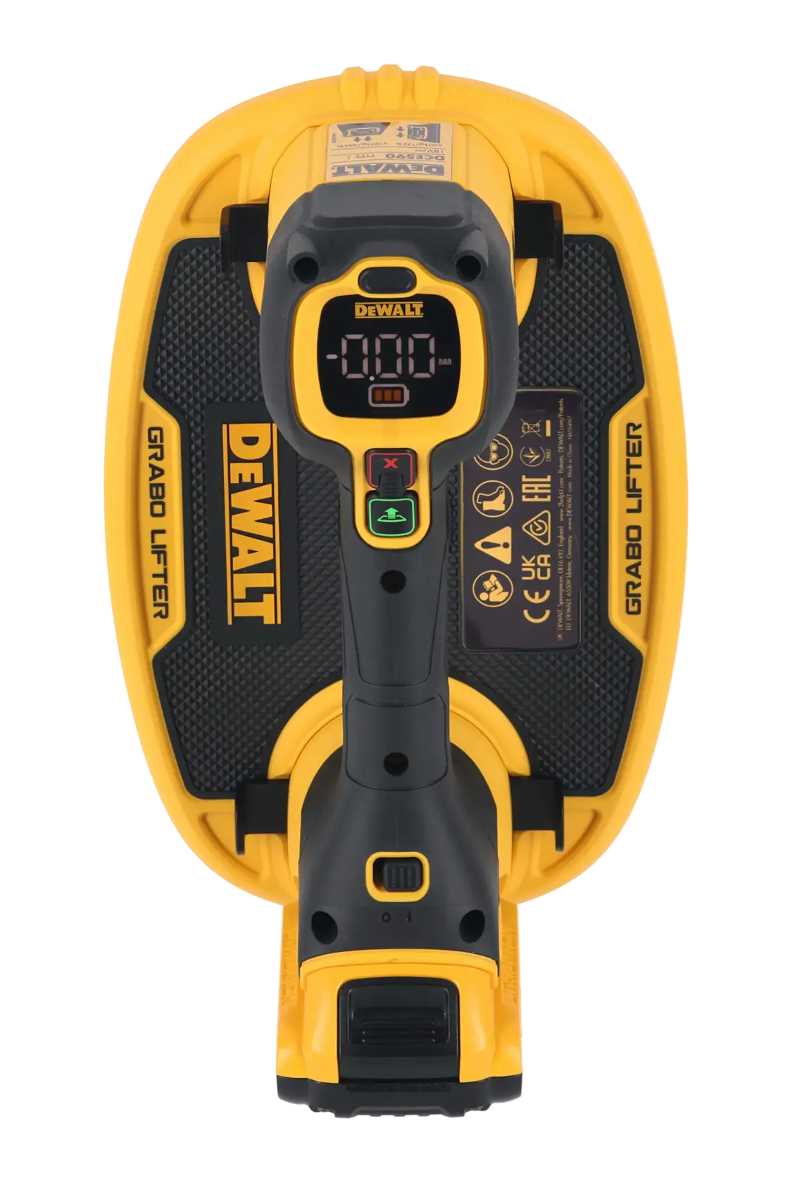 DEWALT Grabo Lifter, fotografía, SKUs DCE590D1T-QW, DCE590D1T, amarillo/negro, vista superior.