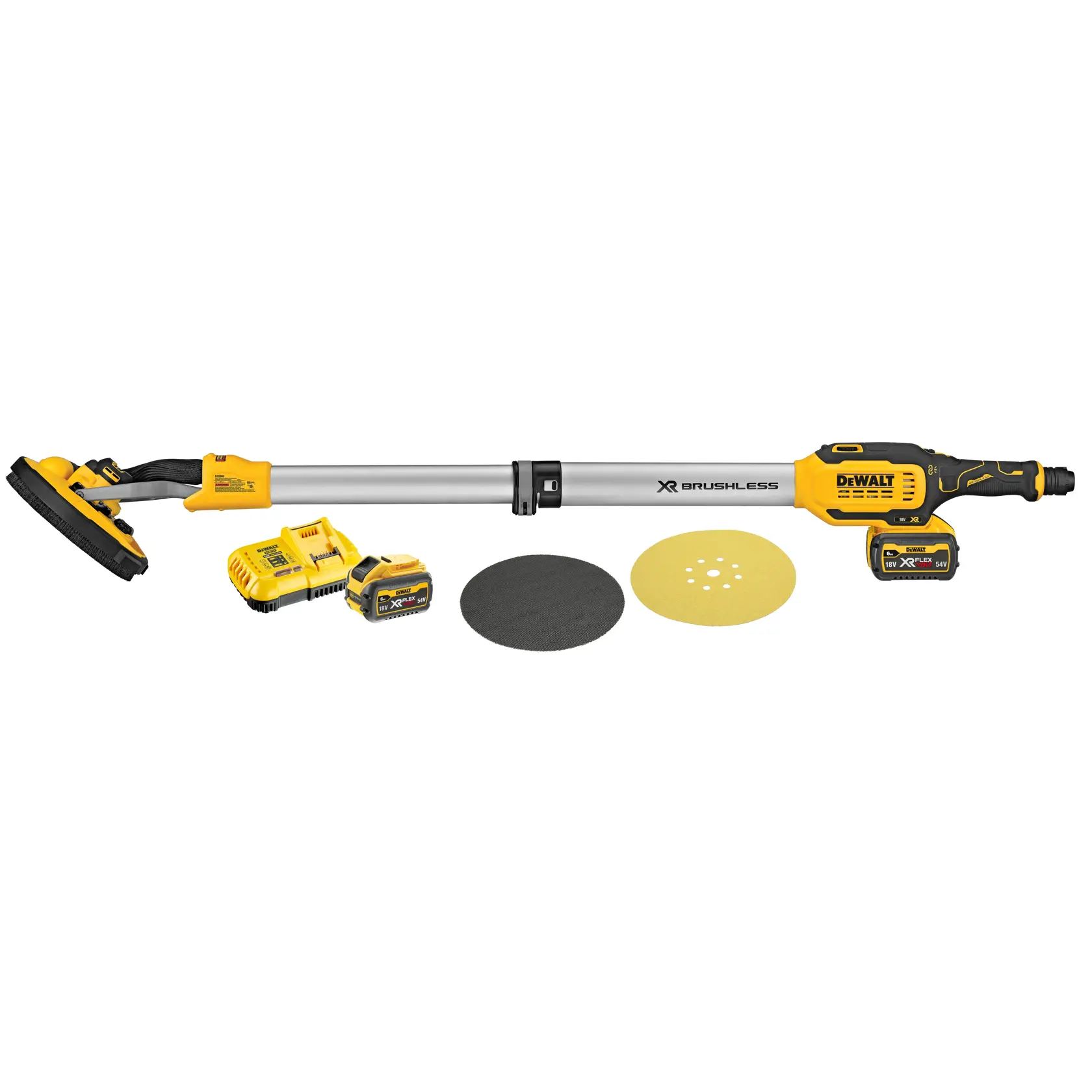 Lijadora inalámbrica DEWALT para placas de yeso con dos baterías, cargador y discos de lija.