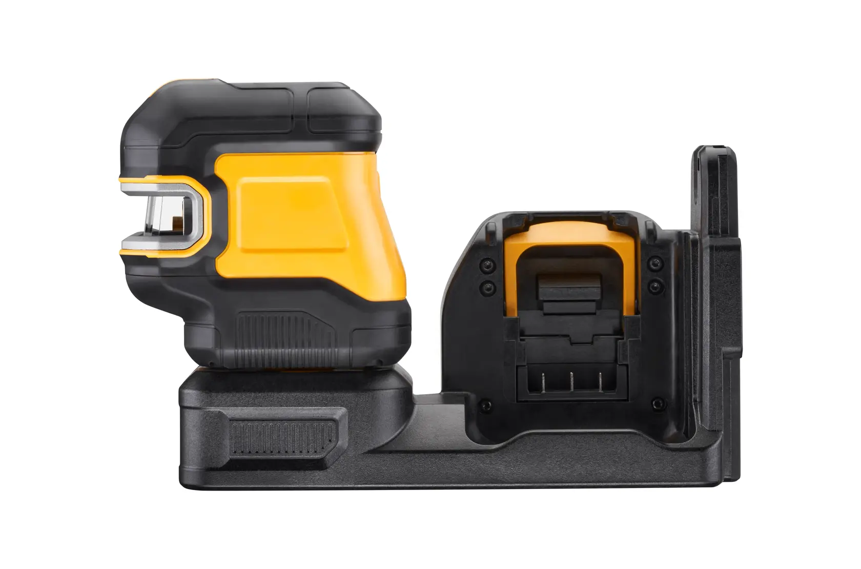 DEWALT Fotografiegerät DCE825NG18-XJ, DCE825NG18. Gelb-schwarz, seitliche Ansicht mit Basis.