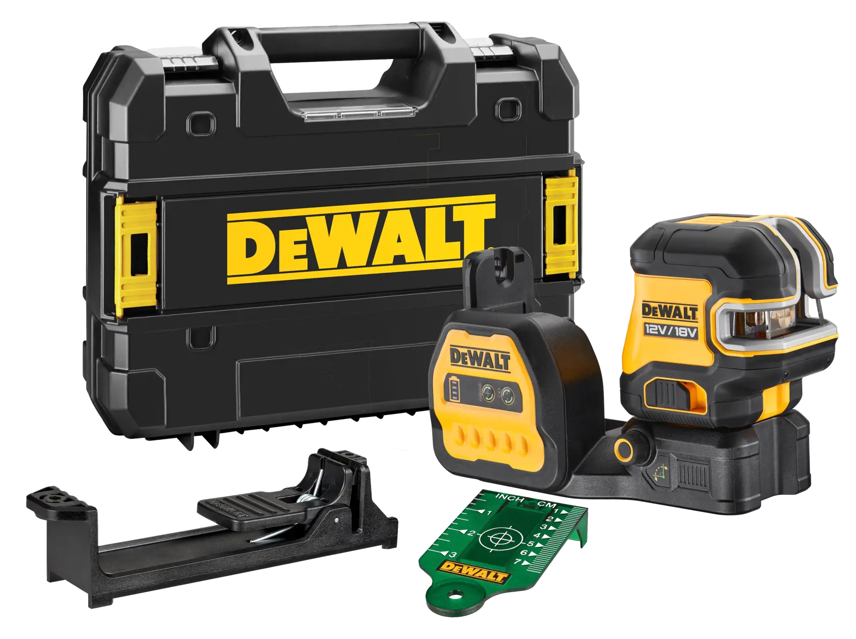 DEWALT Laser-Set mit Hartschalenkoffer, Montagehalterung und grüner Zielplatte für Fotografie und Ausrichtung.