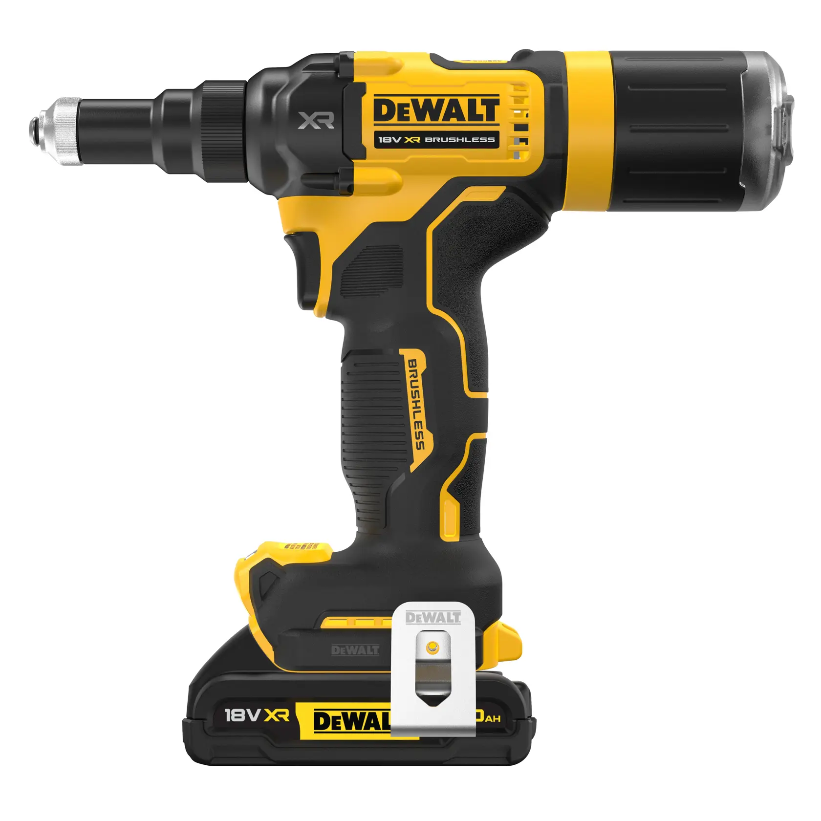 Herramienta DEWALT 18V XR brushless inalámbrica, ergonómica y compacta, vista lateral.