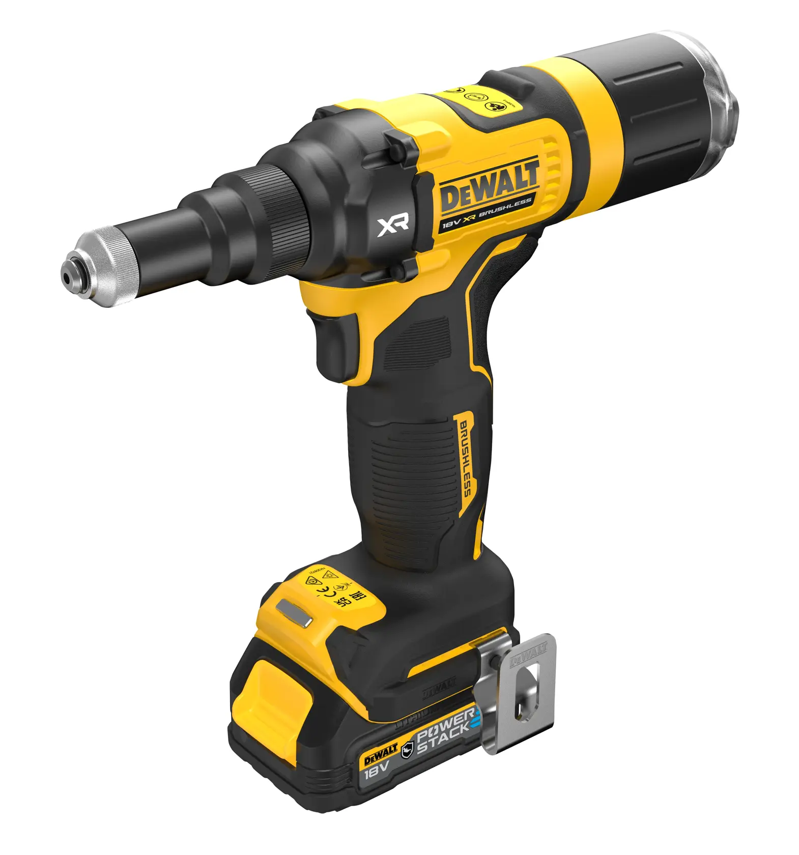DEWALT yellow and black cordless screwdriver, 18V XR model with brushless motor and POWERSTACK battery.