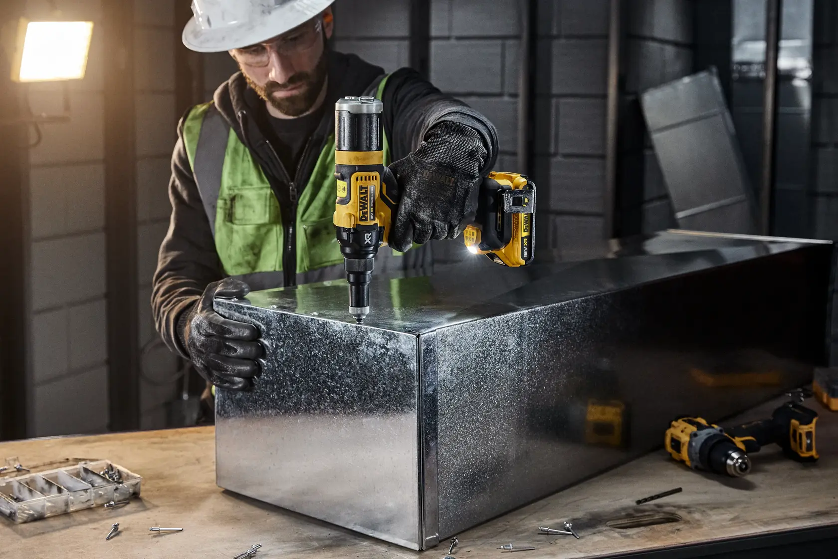 Una persona con equipo de seguridad utiliza una herramienta eléctrica inalámbrica DEWALT DCF403NT para trabajar en una caja de metal en un taller industrial. Se ven varios tornillos y herramientas sobre la mesa de trabajo.