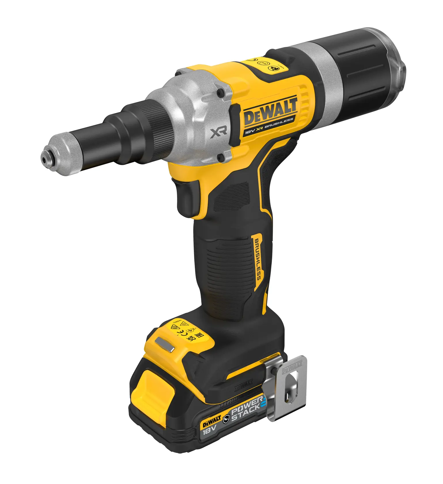 Herramienta de remachar DEWALT inalámbrica, amarilla y negra, con batería 18V y clip metálico para cinturón.