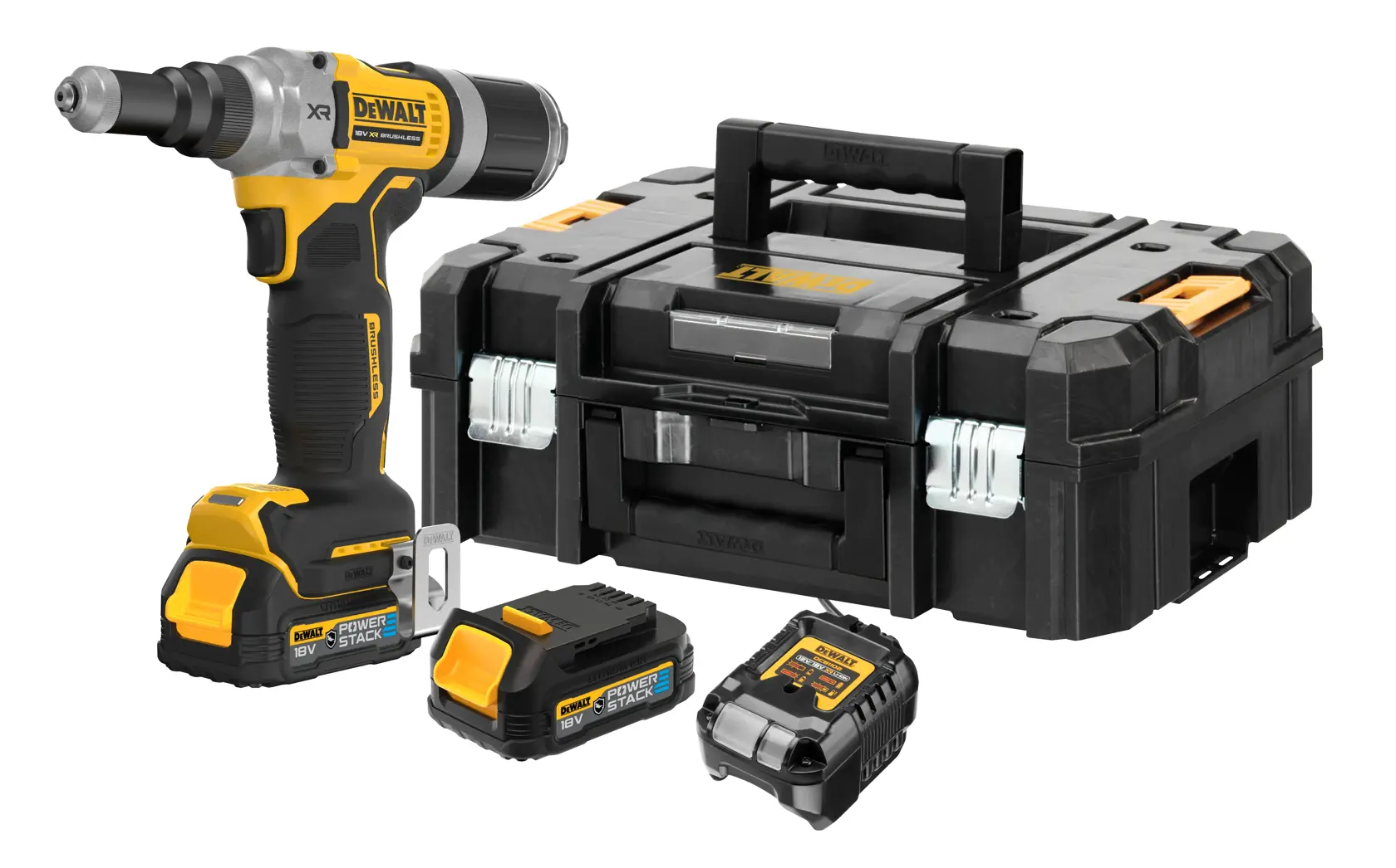 Kit de herramienta inalámbrica DEWALT con estuche, dos baterías, cargador y herramienta negra y amarilla.