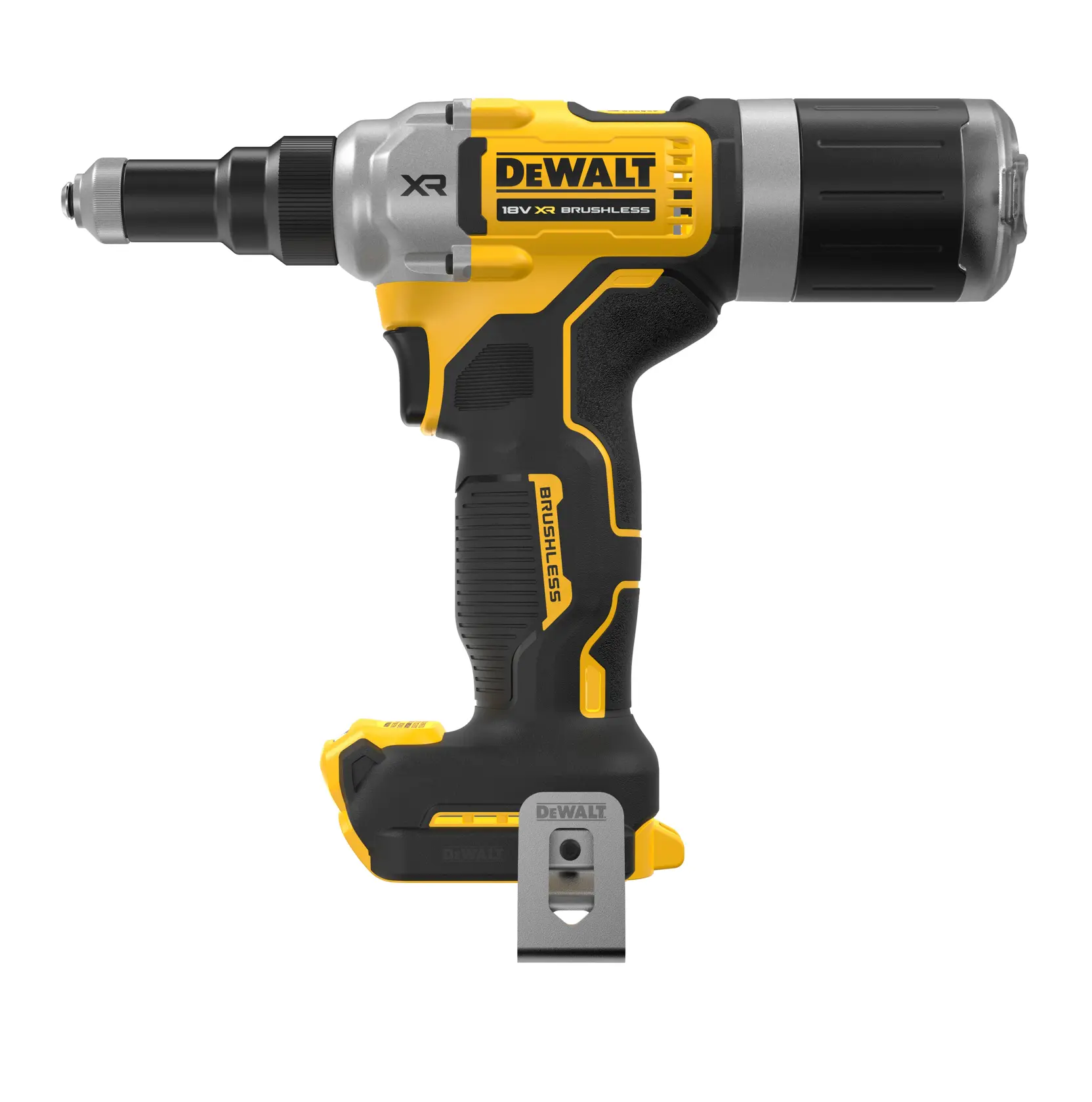 Atornillador brushless DEWALT DCF414NT 18V XR amarillo y negro, clip lateral para cinturón visible.