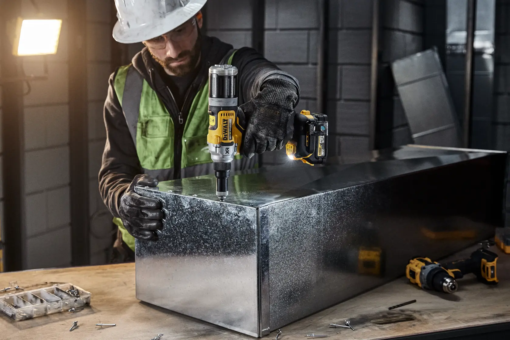 Una persona con equipo de protección usa una herramienta eléctrica inalámbrica DEWALT DCF414NT para trabajar en una gran caja de metal en un entorno industrial. Hay varias herramientas y tornillos visibles en la mesa de trabajo.