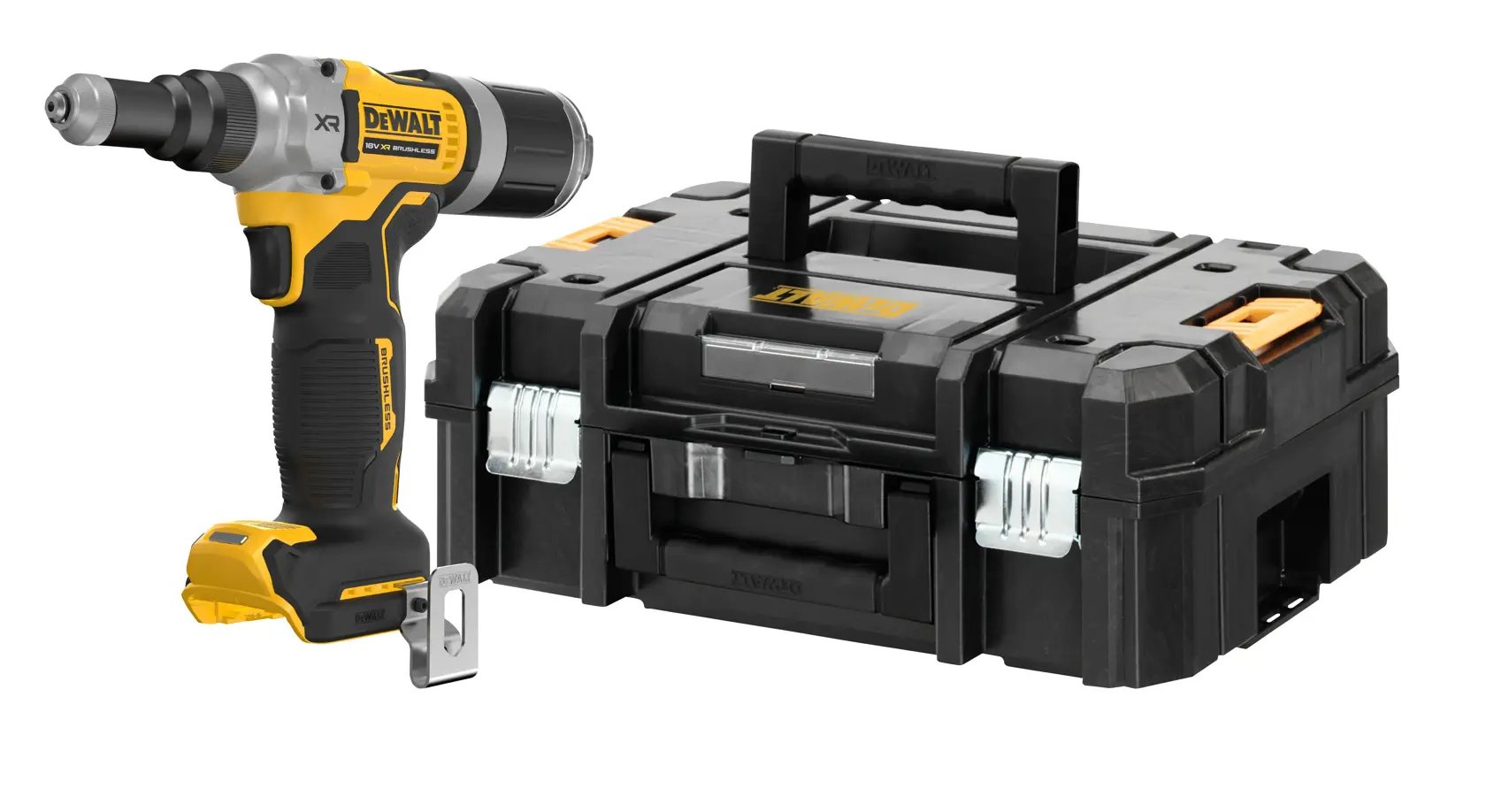 Herramienta inalámbrica DEWALT con estuche negro sobre fondo blanco.