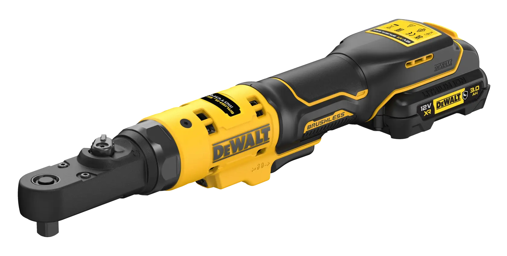 Llave de carraca inalámbrica DEWALT con motor sin escobillas y batería 12V, en amarillo y negro.