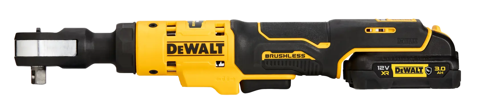 DEWALT DCF503L1G 12V XR Brushless Akku-Ratschenwerkzeug mit gelb-schwarzem Design, seitlich gegen weißen Hintergrund gezeigt.