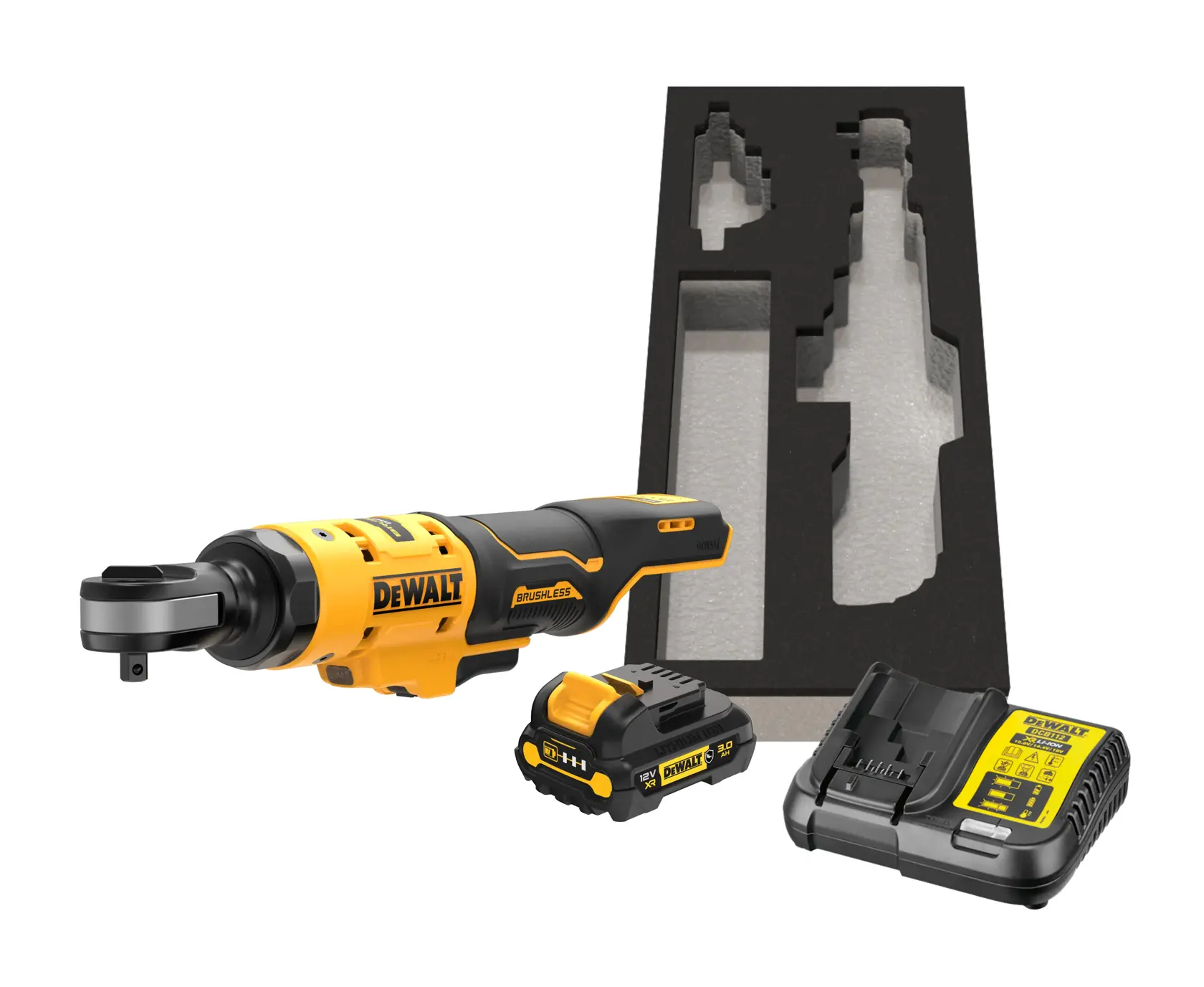 DEWALT Akku-Ratschen-Set bestehend aus einem gelb-schwarzen bürstenlosen Ratschenwerkzeug, einer Batterie, einem Ladegerät und einer individuell angepassten Schaumstoffablage zur Aufbewahrung.