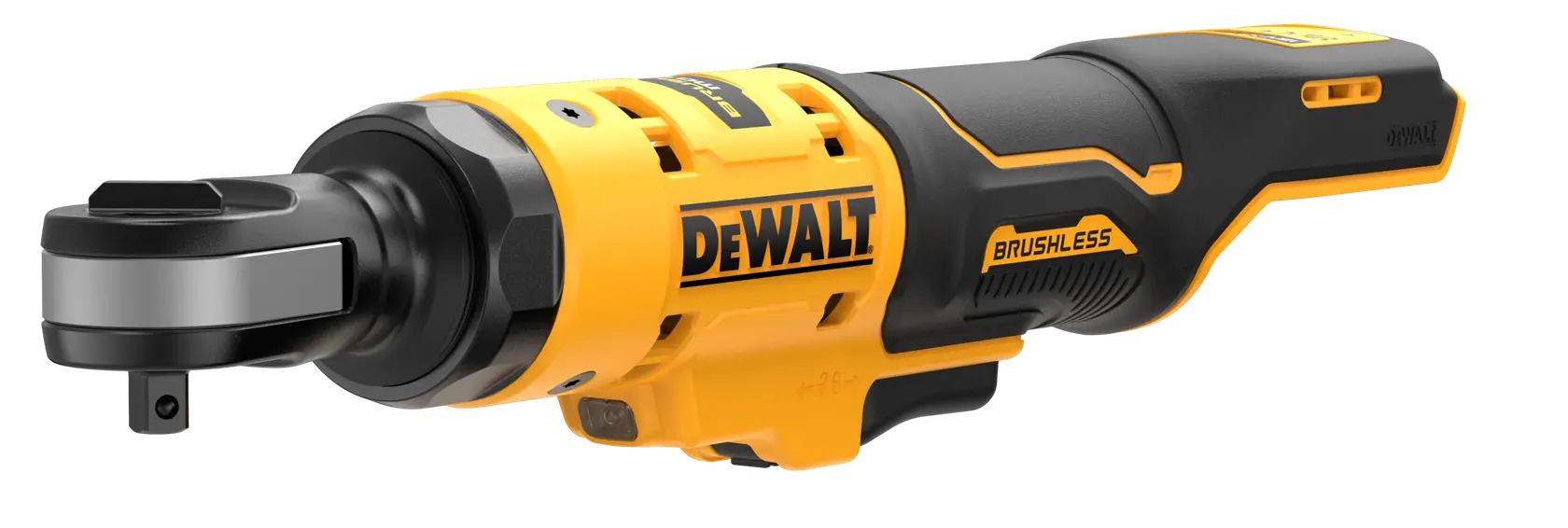 DEWALT cordless ratchet tool, brushless, yellow and black, shown on white background.