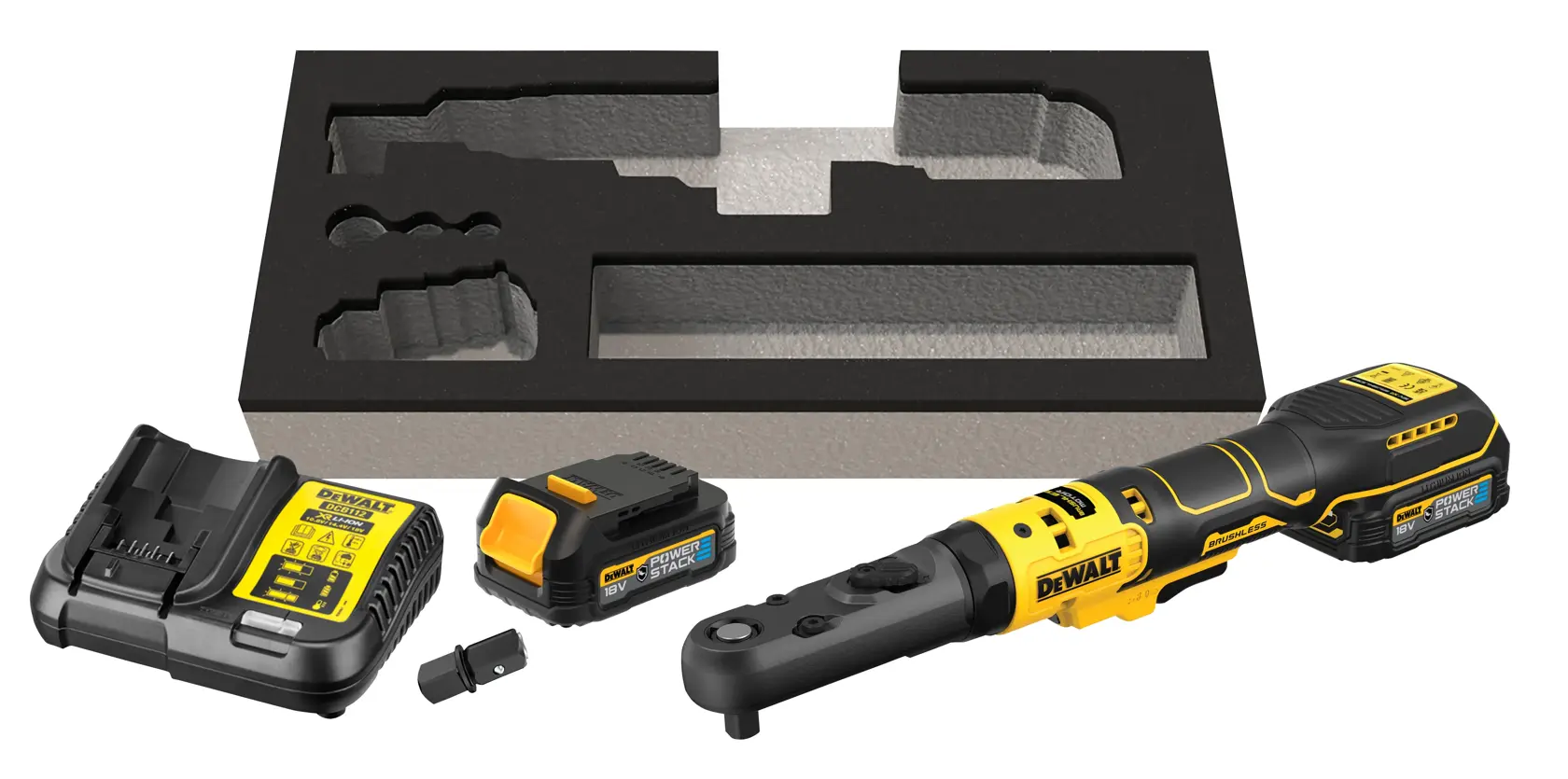 Kit de carraca inalámbrica DEWALT con herramienta, batería, cargador, adaptador y espuma sobre fondo blanco.