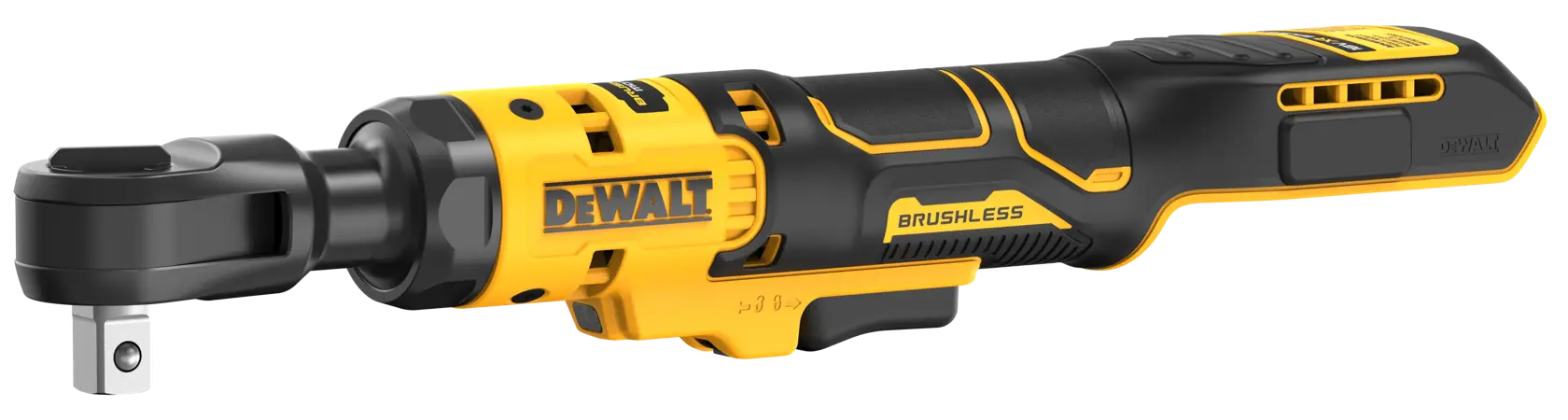 Llave de carraca inalámbrica DEWALT sin escobillas con diseño negro y amarillo, vista de perfil lateral.