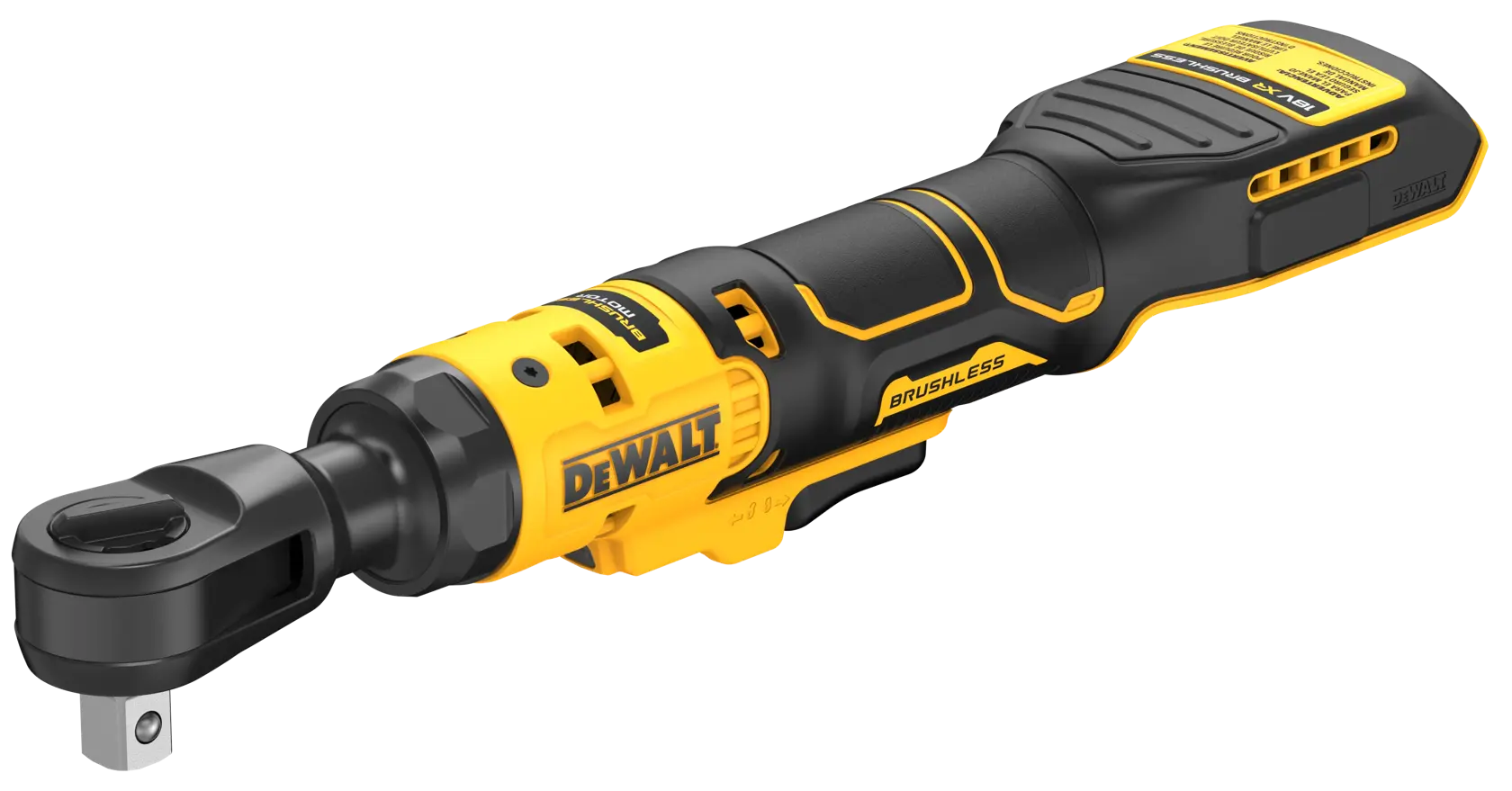 Una herramienta de trinquete inalámbrica DEWALT DCF512N con motor sin escobillas, de cuerpo amarillo y negro, con agarre ergonómico y gatillo, diseñada para tareas de ajuste y aflojamiento.