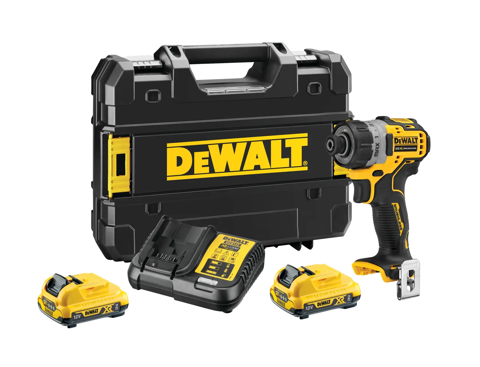 Se muestra un kit de herramientas eléctricas inalámbricas DEWALT que incluye un maletín de transporte negro y amarillo con la marca DEWALT, un destornillador compacto inalámbrico, dos baterías y un cargador de batería, todo dispuesto sobre un fondo blanco.
