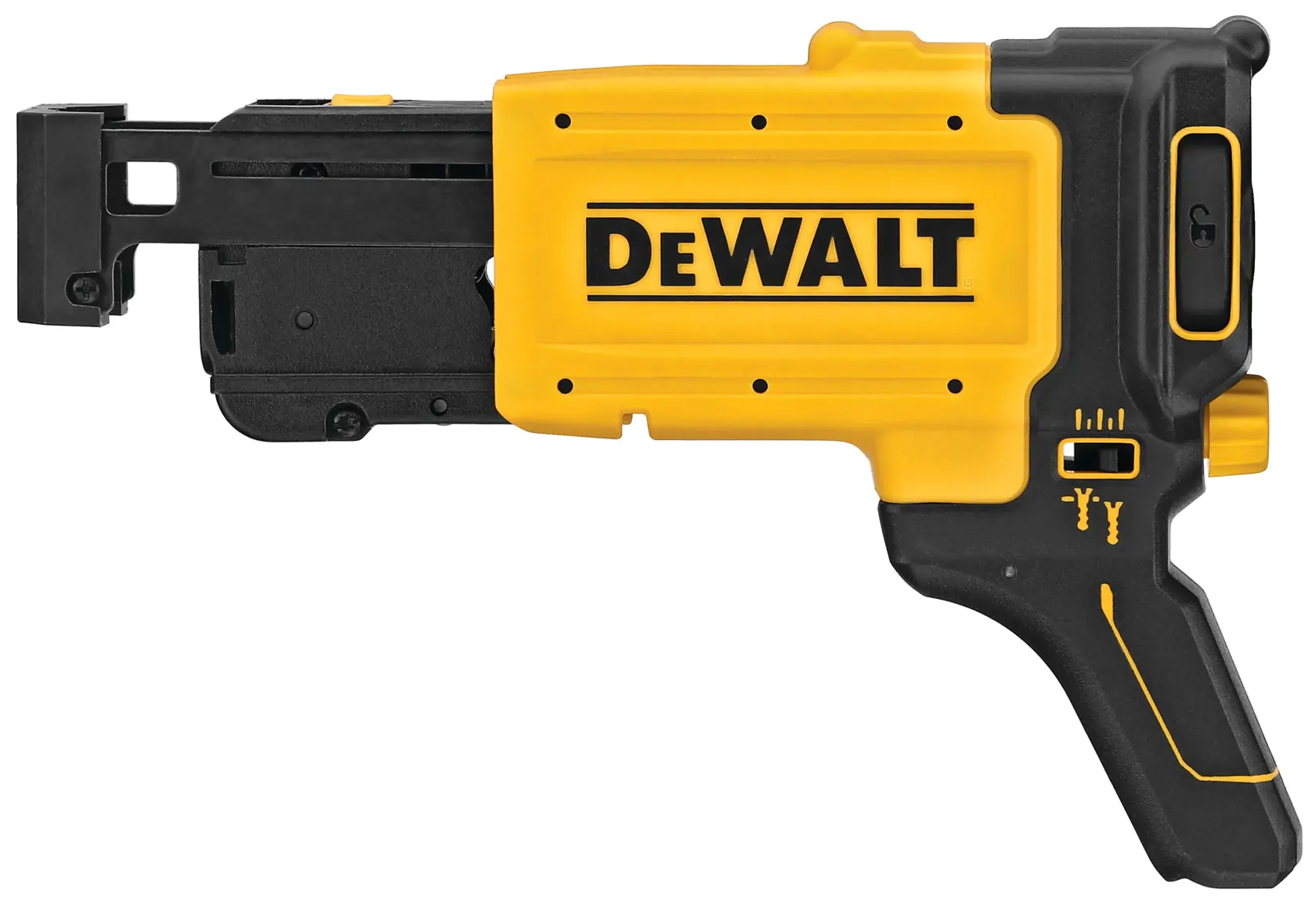 DEWALT DCF6202 drywall screw gun attachment, shown in a side profile with yellow and black casing, designed for use with compatible DEWALT power tools.