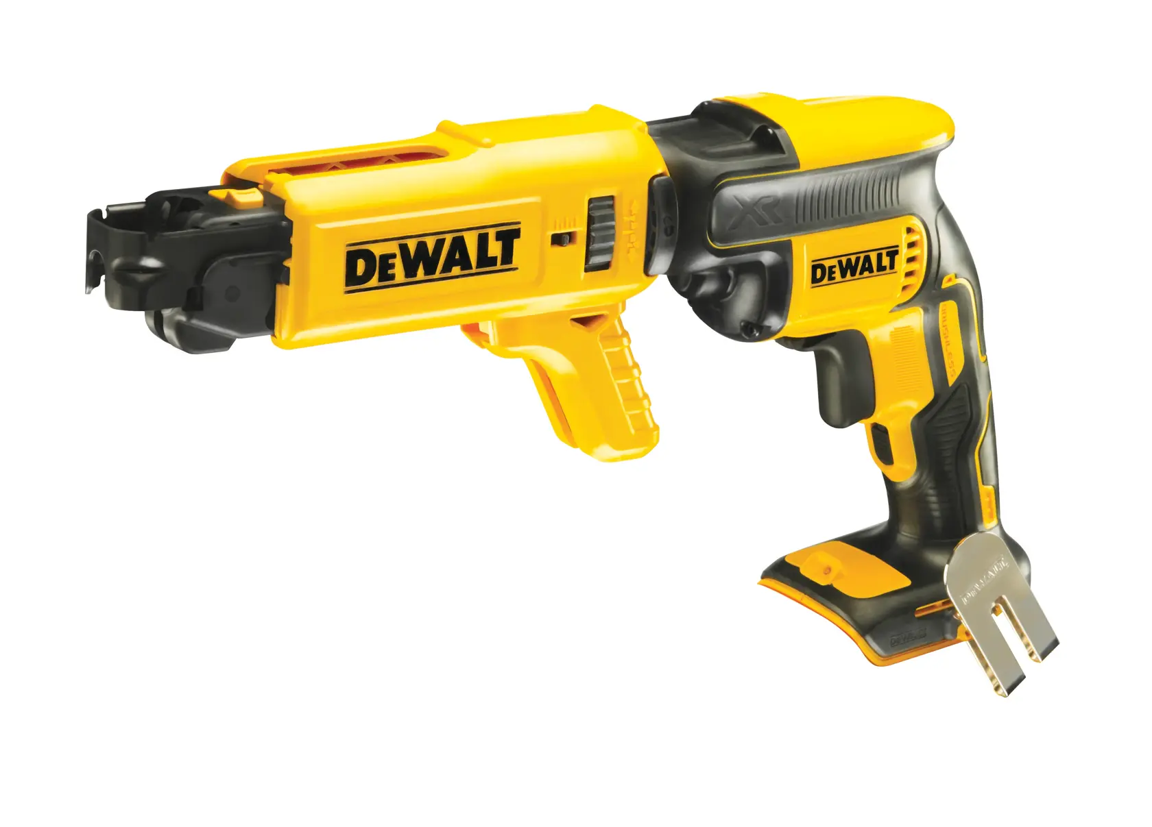 A DEWALT cordless drywall screw gun, model DCF620N, shown in yellow and black colors with ergonomic grip and a detachable belt hook, designed for efficient fastening of drywall panels.