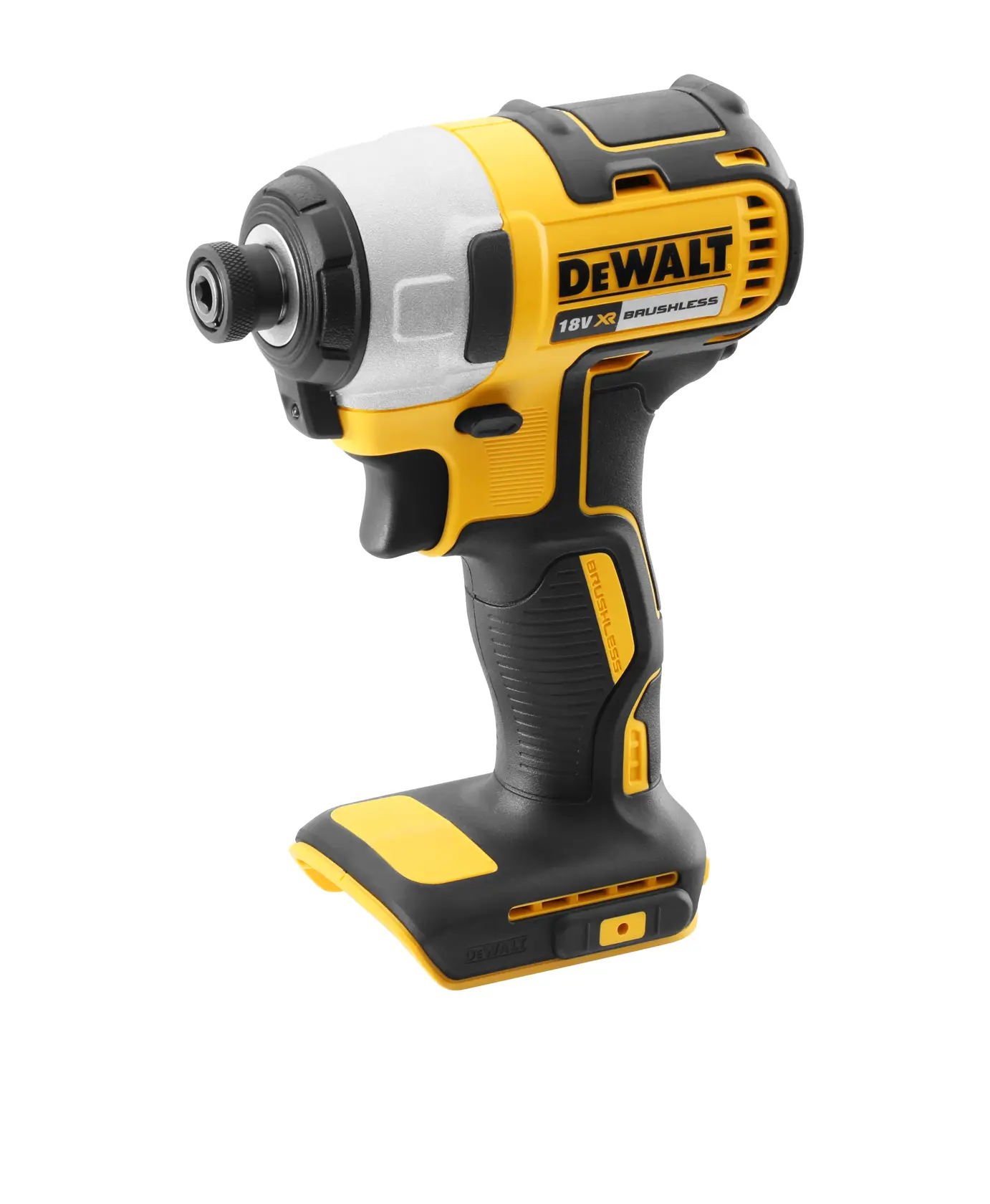 A DEWALT battery and charger are shown inside a large yellow circle with a diagonal line across them, indicating they are not included. Text below reads: 'Battery and charger sold separately.'