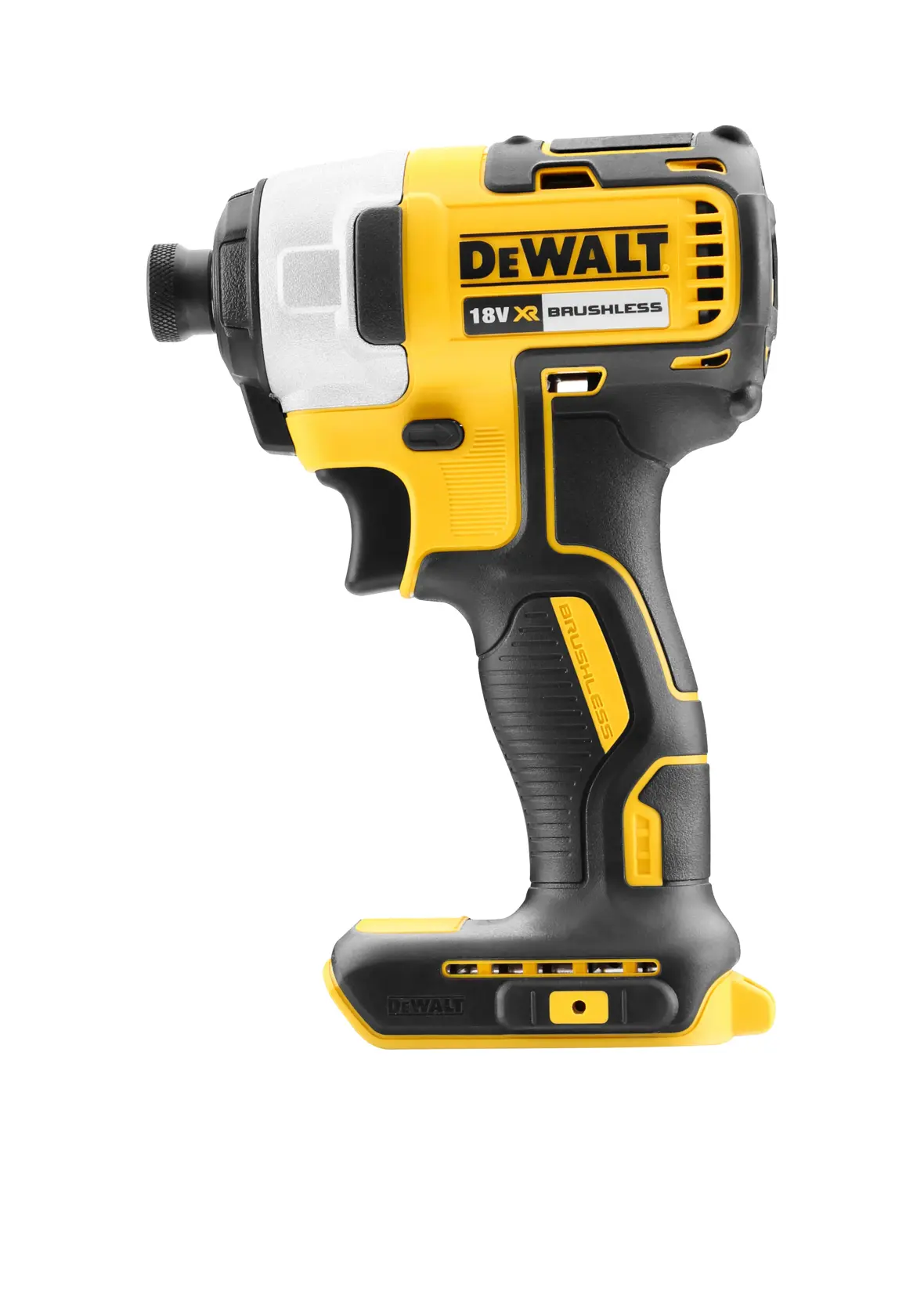 A DEWALT battery and charger are shown inside a large yellow circle with a diagonal line across them, indicating they are not included. Text below reads: 'Battery and charger sold separately.'