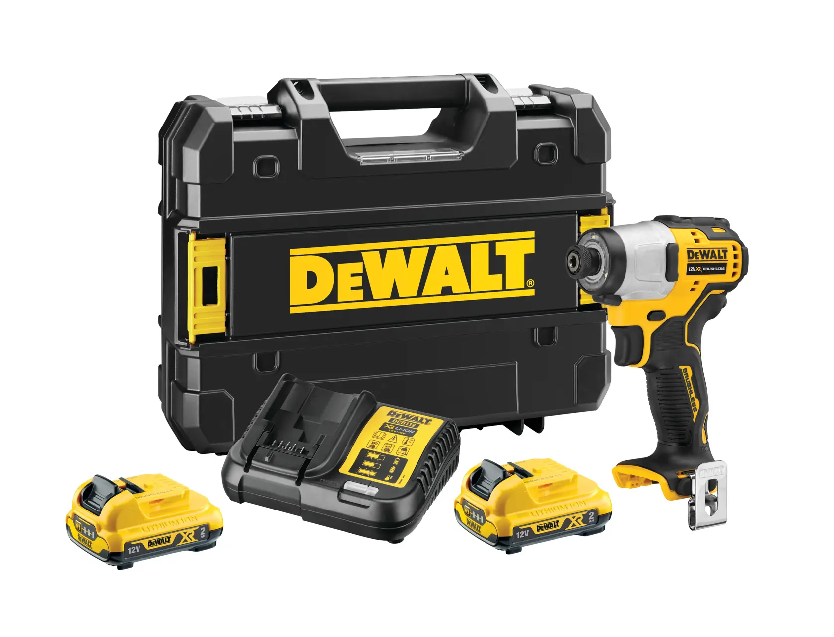 Juego DEWALT destornillador de impacto inalámbrico con baterías, cargador y estuche.