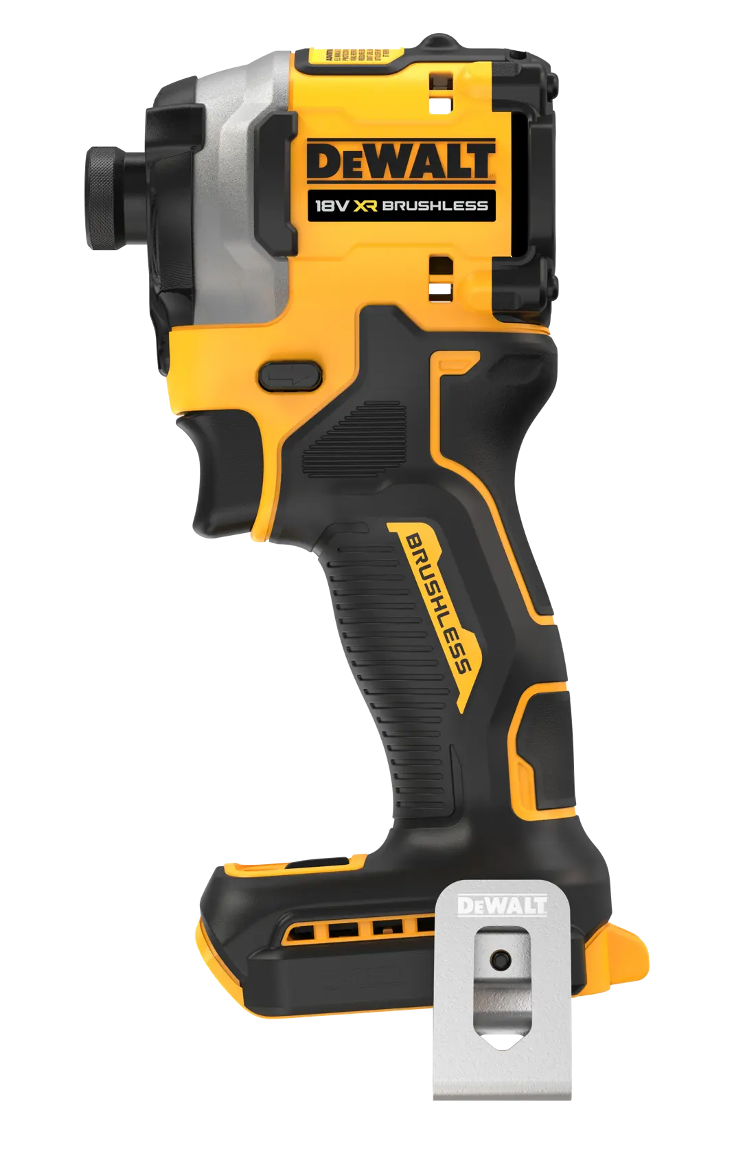 DEWALT 18V XR Brushless DCF850NT, negro y amarillo, vista lateral, herramienta sin batería.