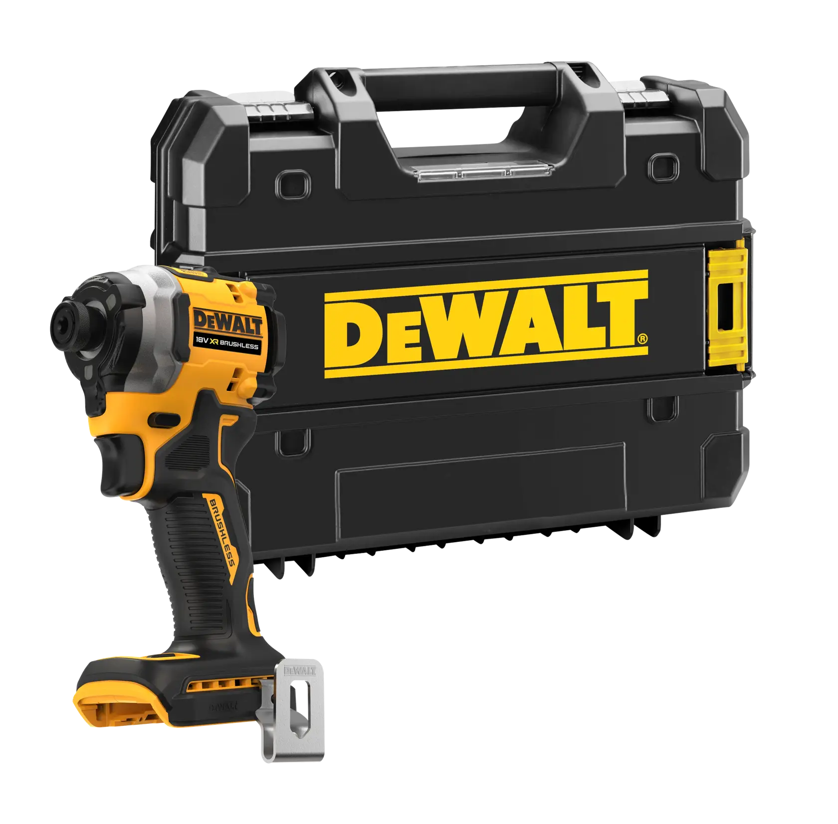 Atornillador de impacto DEWALT inalámbrico con maletín negro y logo amarillo DEWALT.