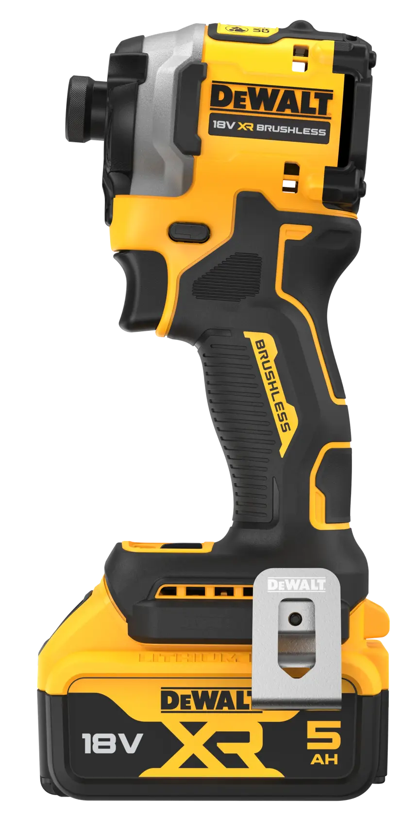 Atornillador de impacto DEWALT 18V XR Brushless con batería 5Ah, negro y amarillo, vista lateral.