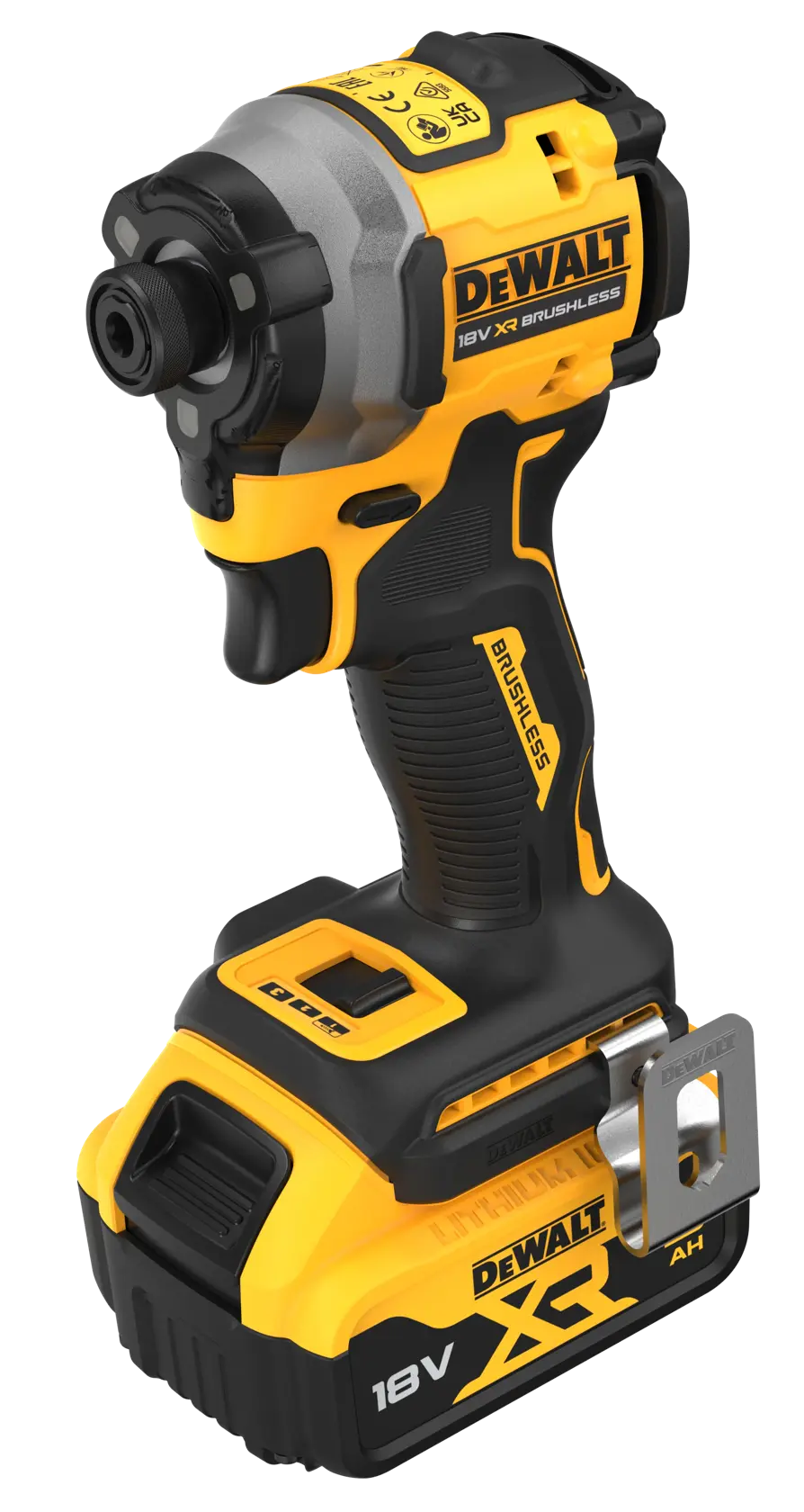 Atornillador de impacto DEWALT XR 18V sin cable, motor brushless, amarillo y negro, con batería.