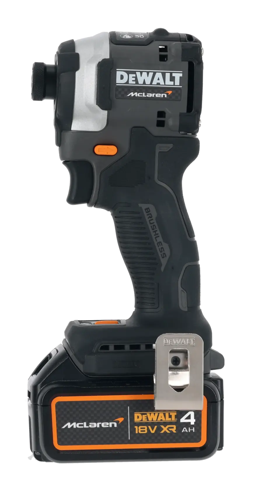 DEWALT cordless impact driver with 18V XR 4Ah battery, McLaren edition, black and orange design.