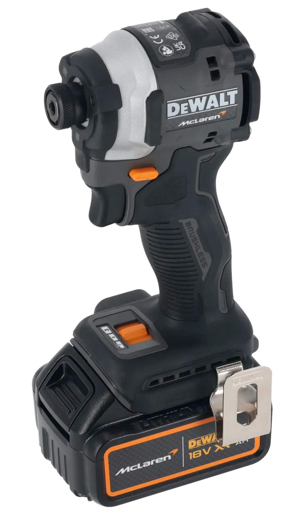 DEWALT 18V cordless impact driver with McLaren branding and brushless motor, shown standing upright.