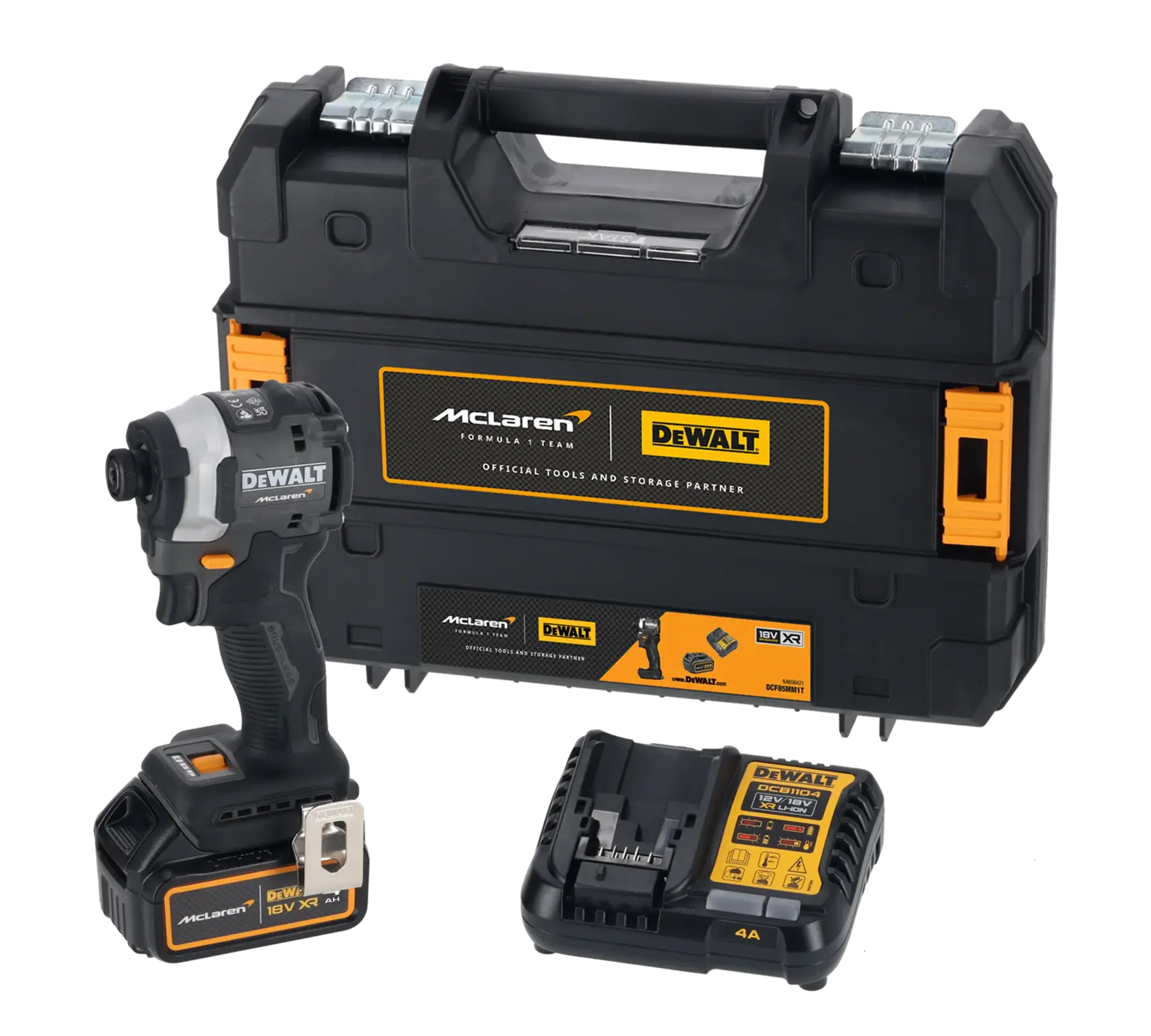 DEWALT cordless impact driver set with McLaren branding, battery, charger, and carrying case.