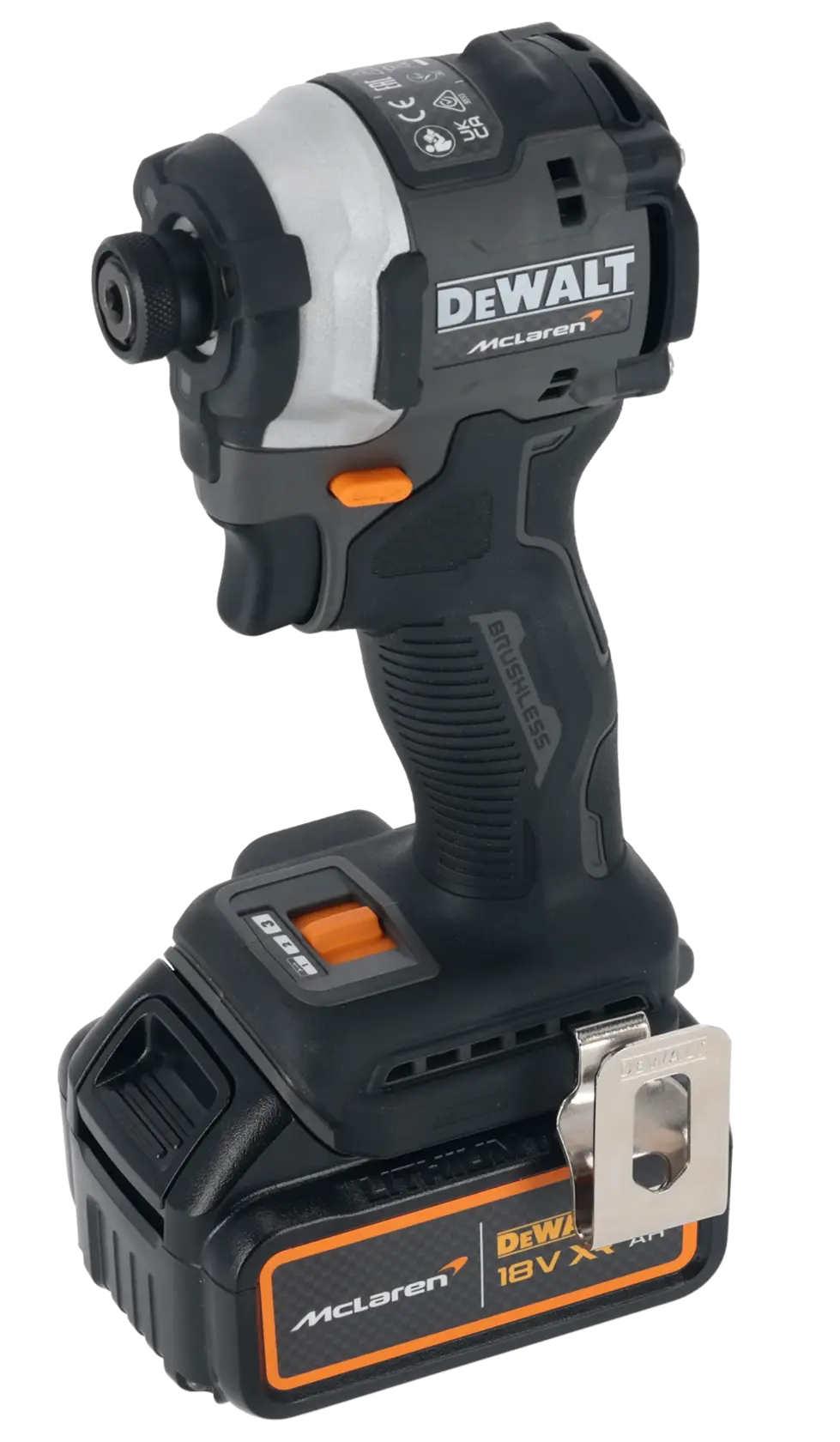 DEWALT McLaren cordless impact driver with 18V battery, black and silver, and orange accents.