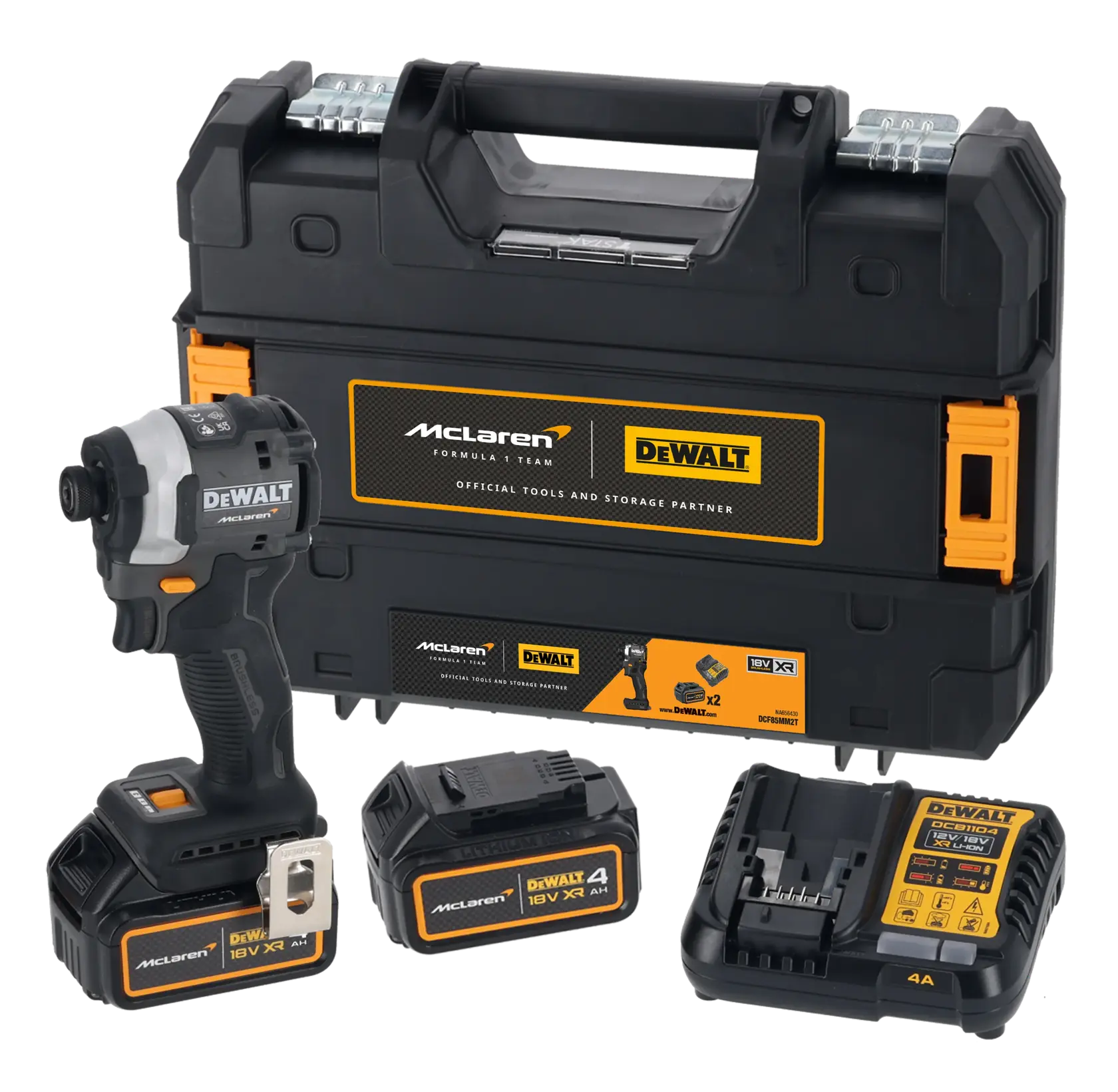 DEWALT McLaren tool set with impact driver, two batteries, charger, and black carrying case.