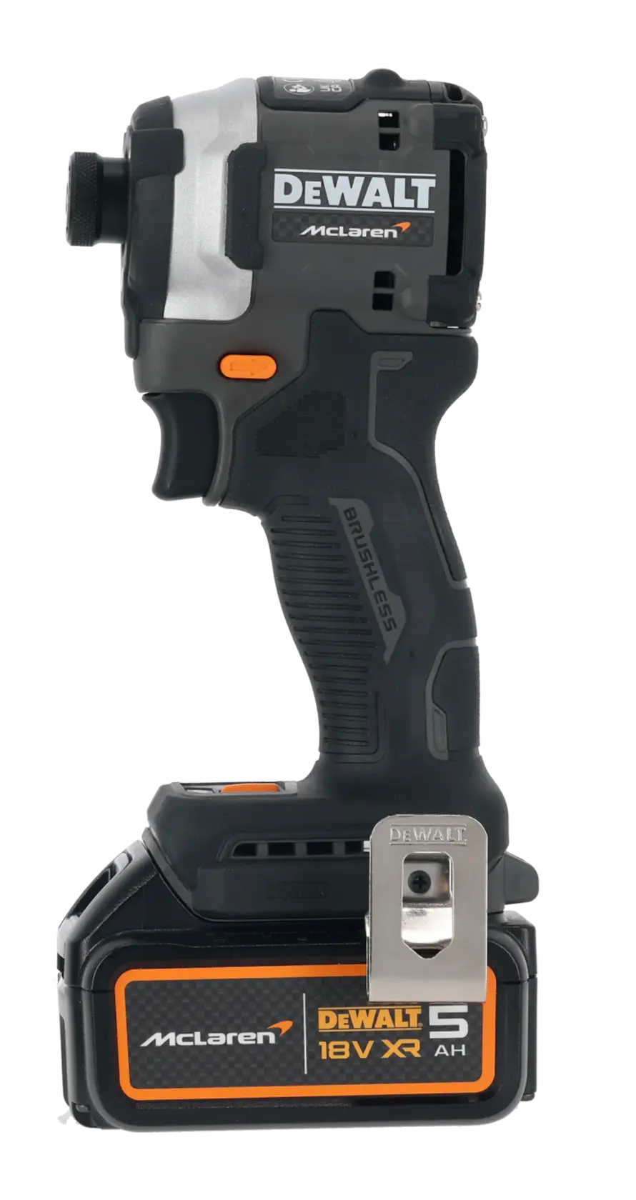 DEWALT McLaren 18V XR cordless impact driver with black and orange accents and 5Ah battery.