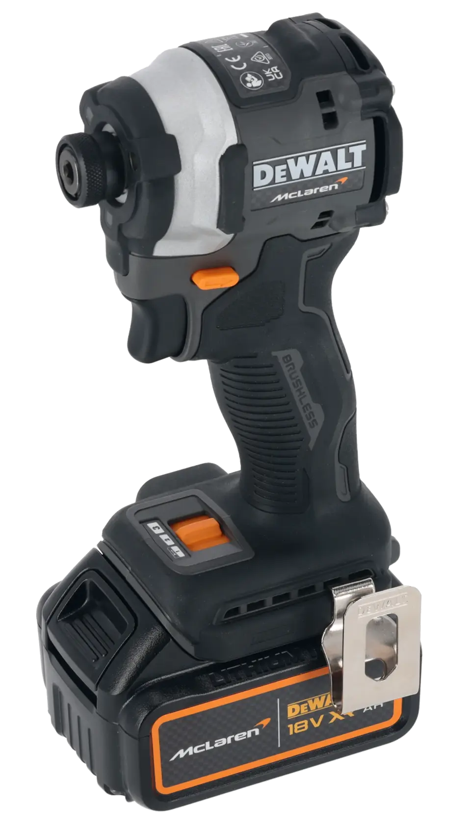 DEWALT McLaren 18V cordless impact driver with black and orange design, brushless motor, and belt clip.