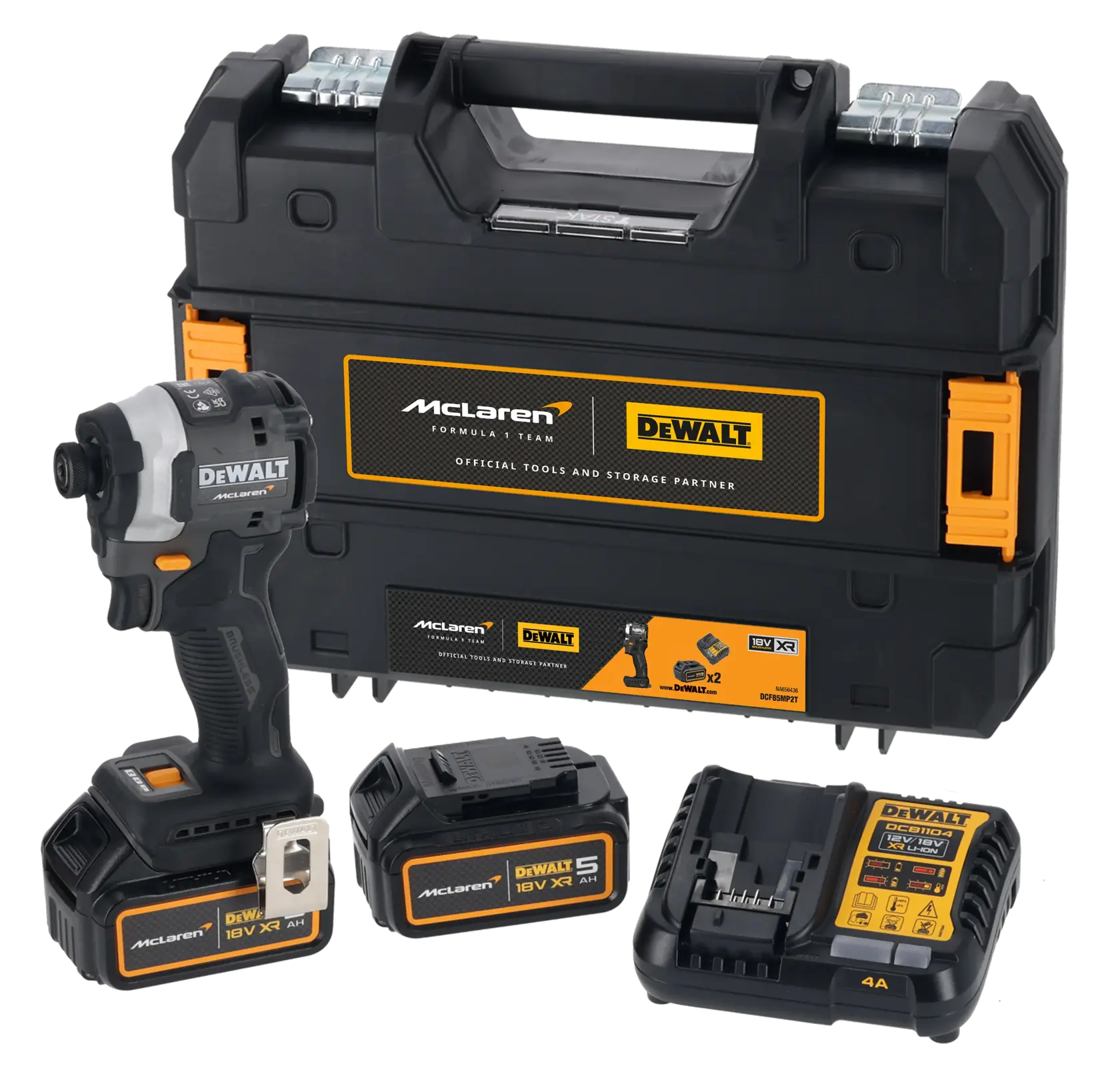 DEWALT DCF85MP2T tool kit with impact driver, battery, charger, and McLaren-branded carrying case.