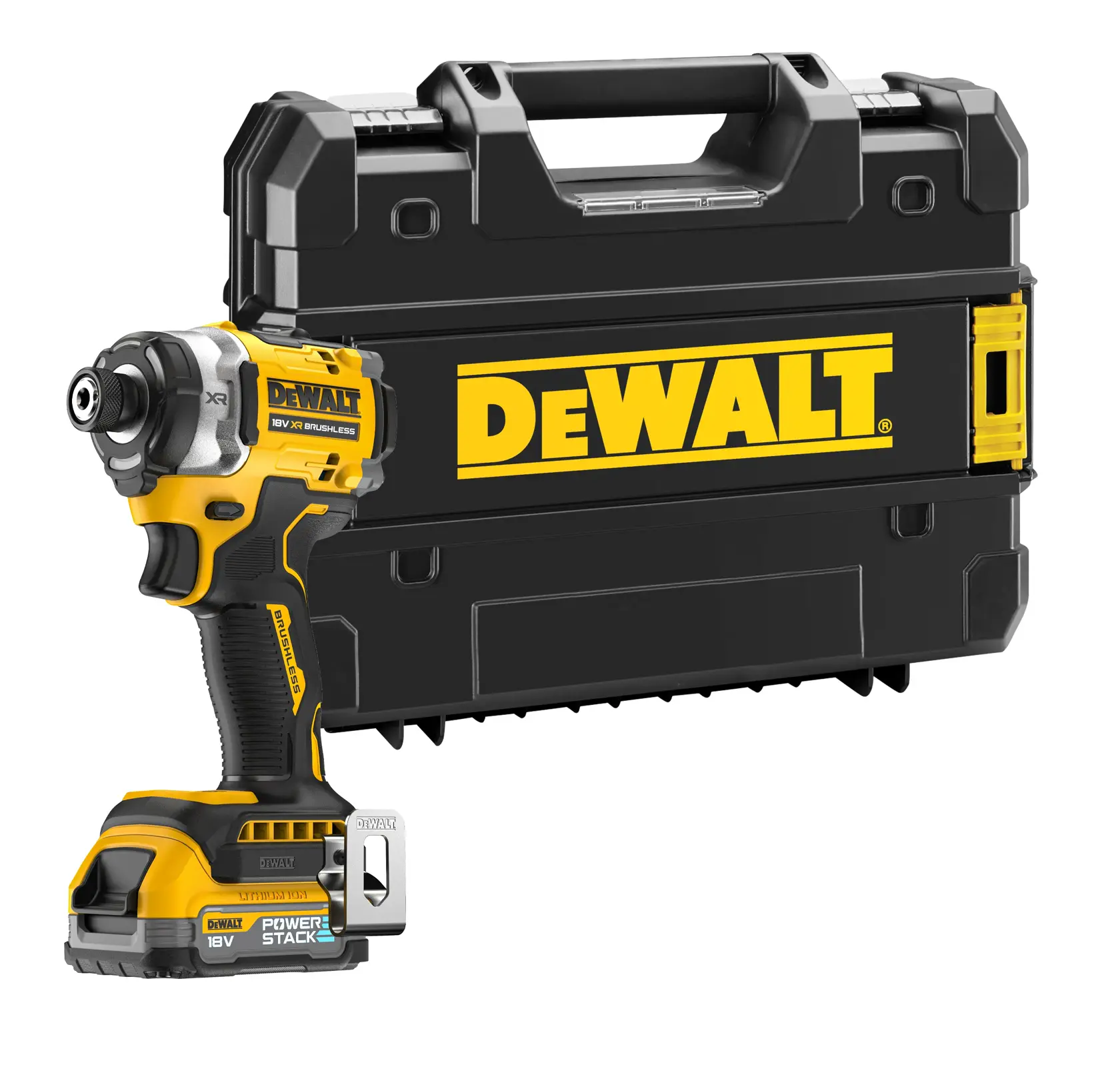 Atornillador inalámbrico DEWALT y maletín negro con el logo amarillo DEWALT.