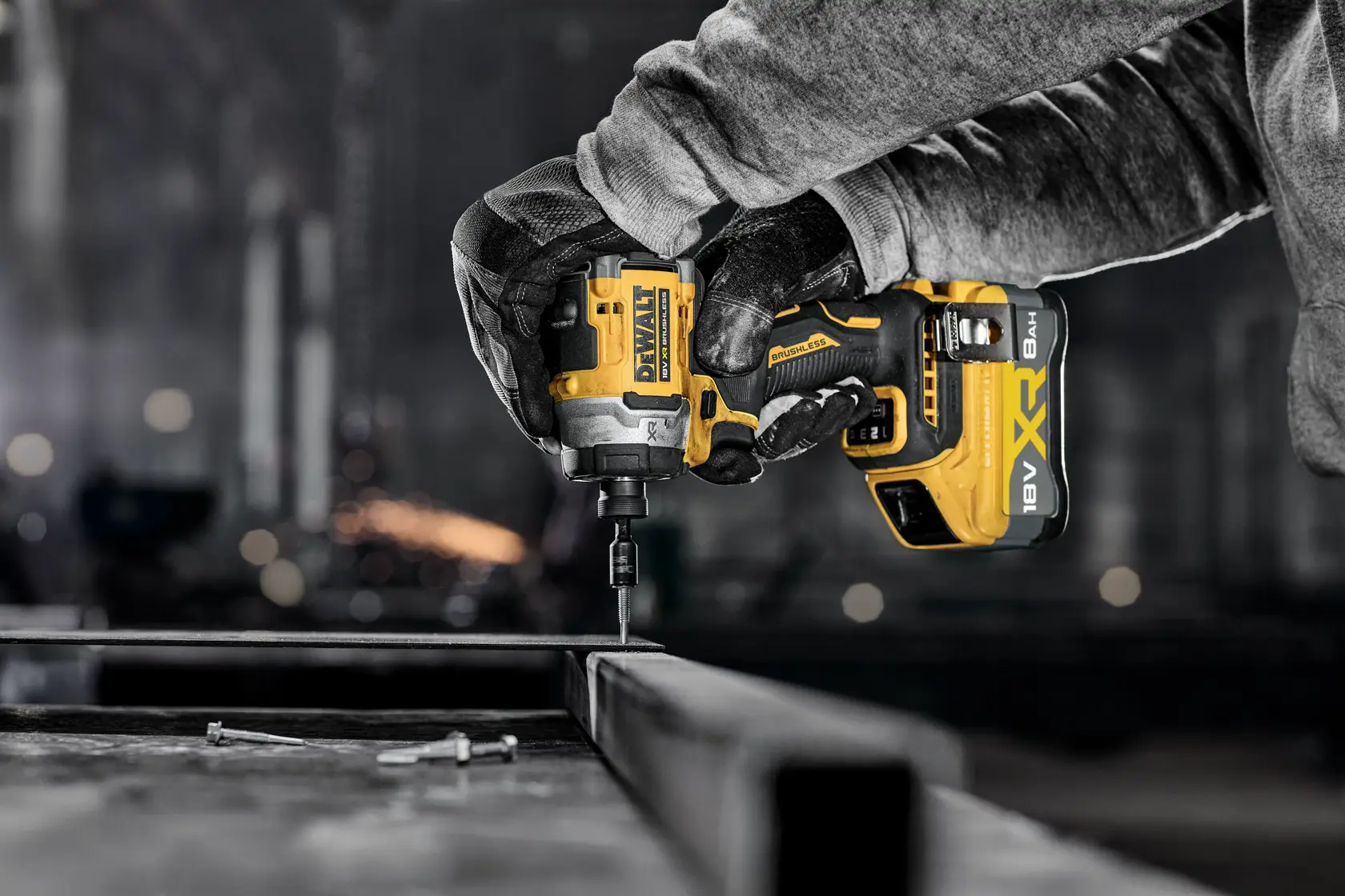 DEWALT tools in use. Shown: DCZ507T2-XE, DCZ407P1T1-XE, DCZ607X2-XE, DCZ503X2-XE, DCF860N. Photography category.