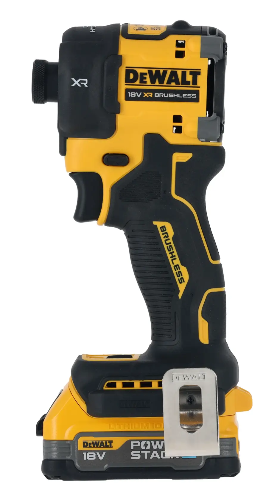 Llave de impacto DEWALT 18V XR Brushless amarilla y negra con batería de litio y clip para cinturón.
