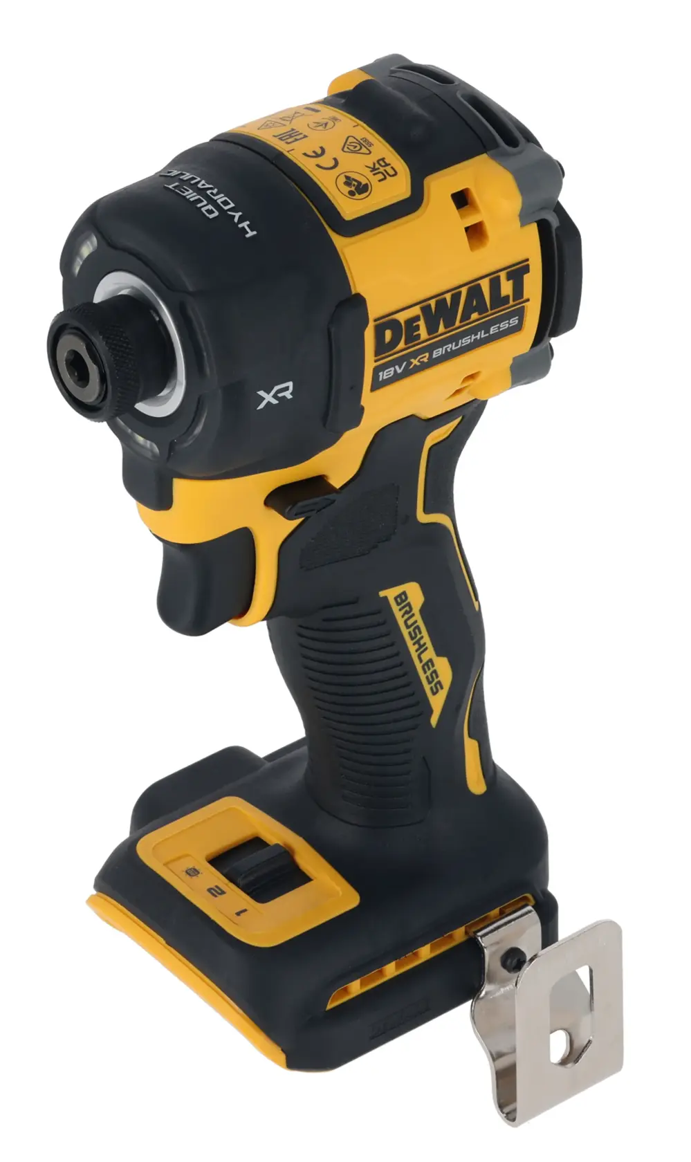 DEWALT DCF870N 18V XR brushless impact driver in yellow and black with belt clip.