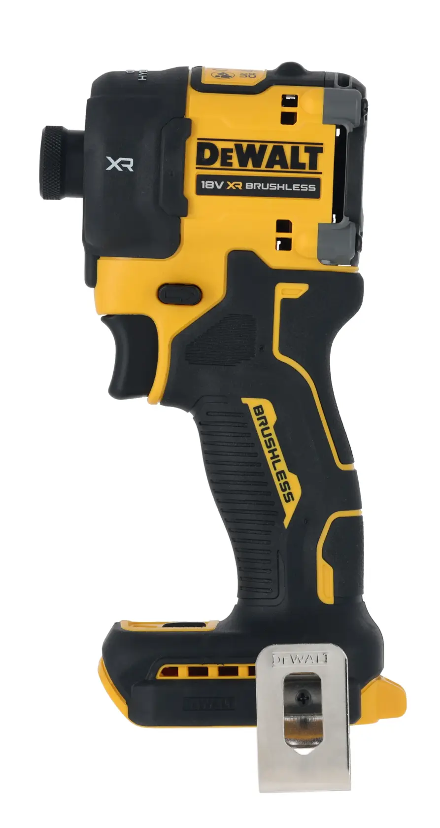 DEWALT 18V XR brushless impact wrench shown in side view, yellow and black, no battery attached.